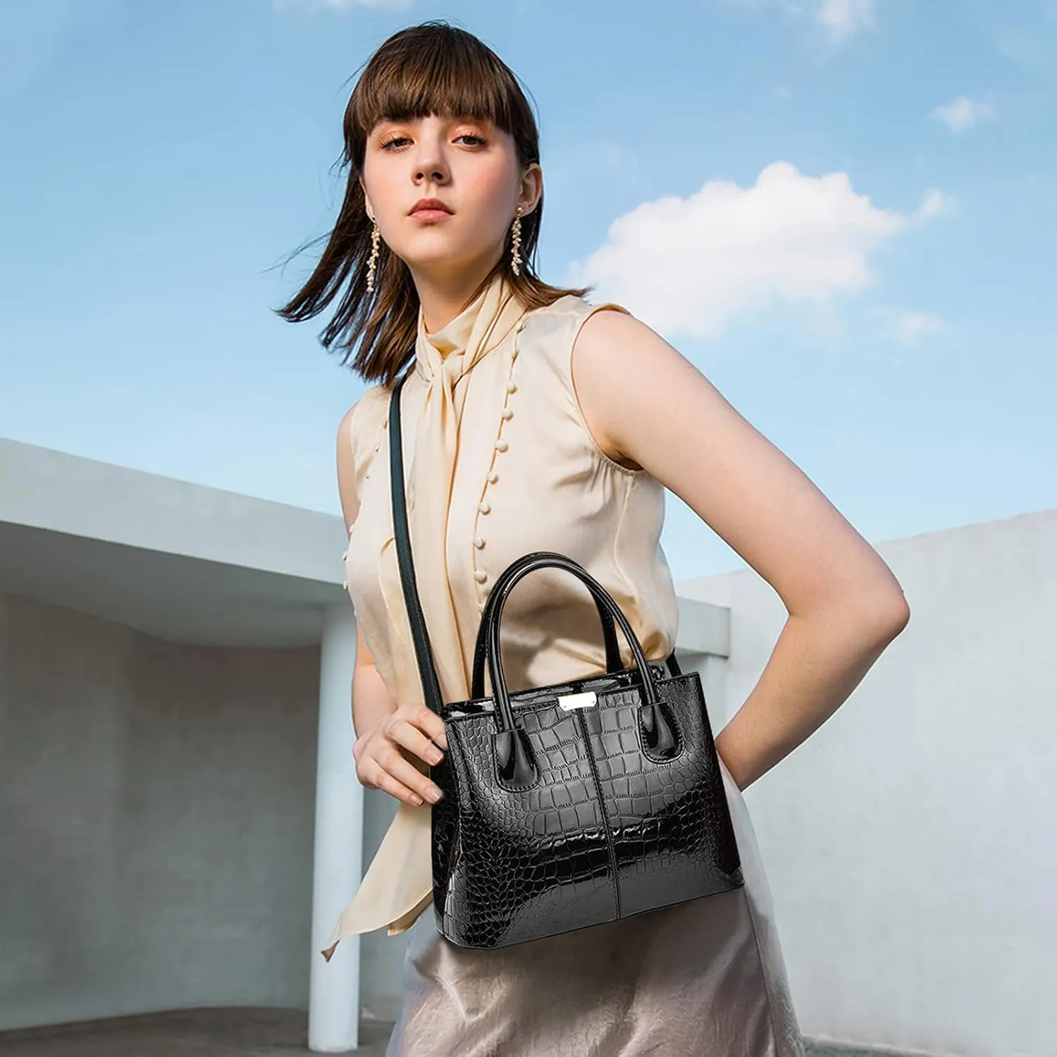 NICOLE & DORIS Women Handbag Patent Leather Top Handle Bags Shoulder Bag Elegant Tote Bag Ladies Hand Bag for Work