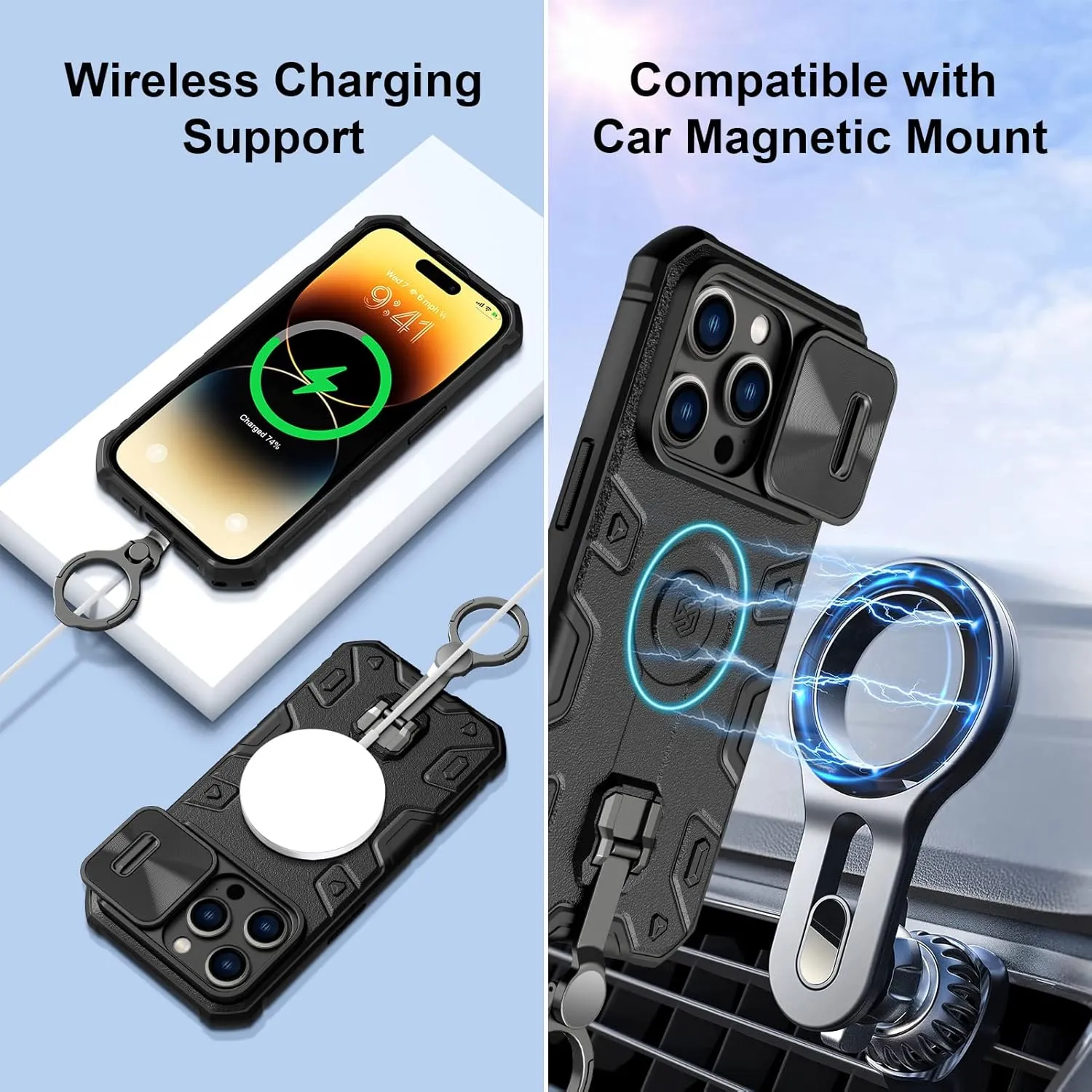 Nillkin Case for iPhone 14 Pro Case with Stand, Slide Camera Cover, Military Grade Shockproof Portective Case Compatible with MagSafe Wireless Charger&Magnetic Car Mount Holder,Black