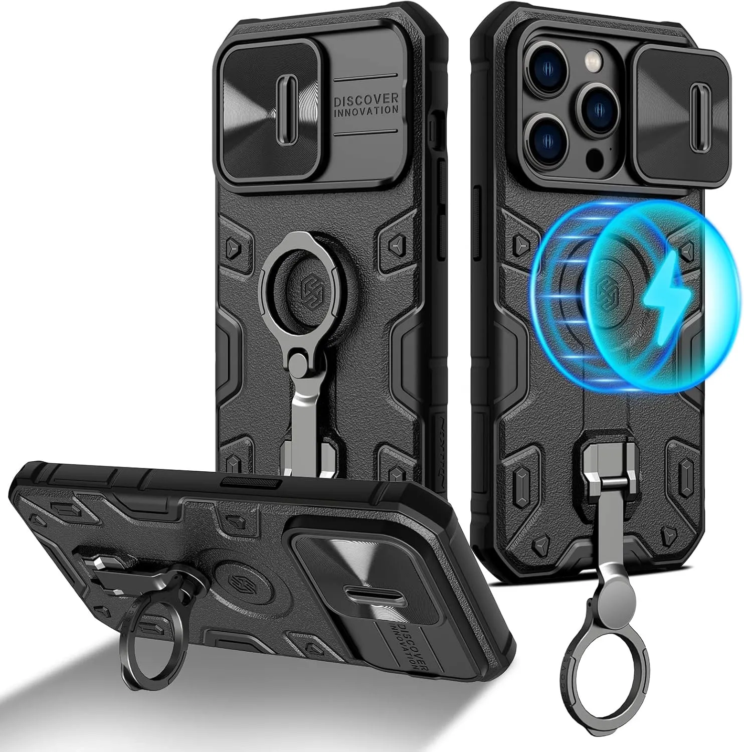 Nillkin Case for iPhone 14 Pro Case with Stand, Slide Camera Cover, Military Grade Shockproof Portective Case Compatible with MagSafe Wireless Charger&Magnetic Car Mount Holder,Black