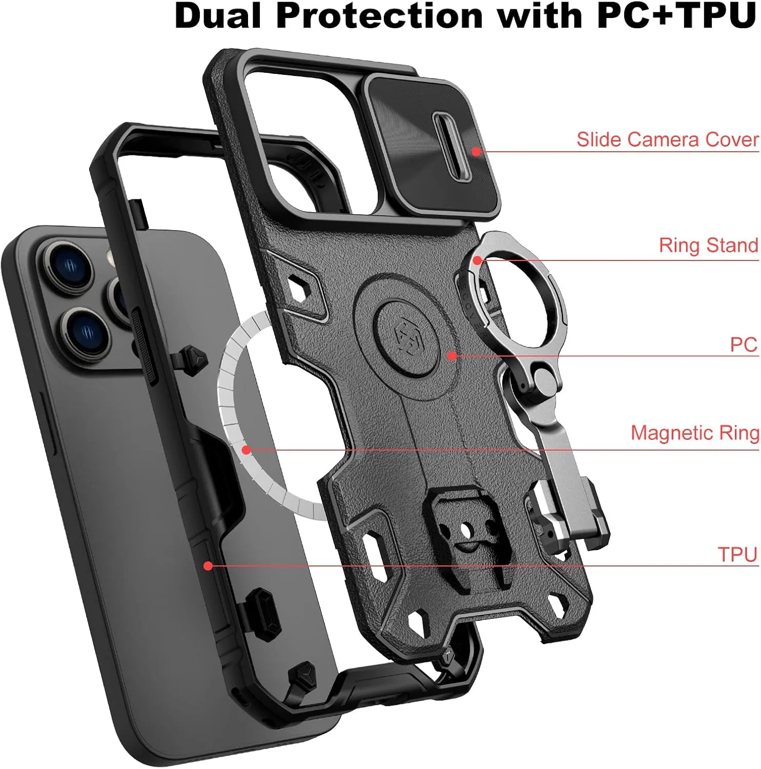 Nillkin Case for iPhone 14 Pro Case with Stand, Slide Camera Cover, Military Grade Shockproof Portective Case Compatible with MagSafe Wireless Charger&Magnetic Car Mount Holder,Black