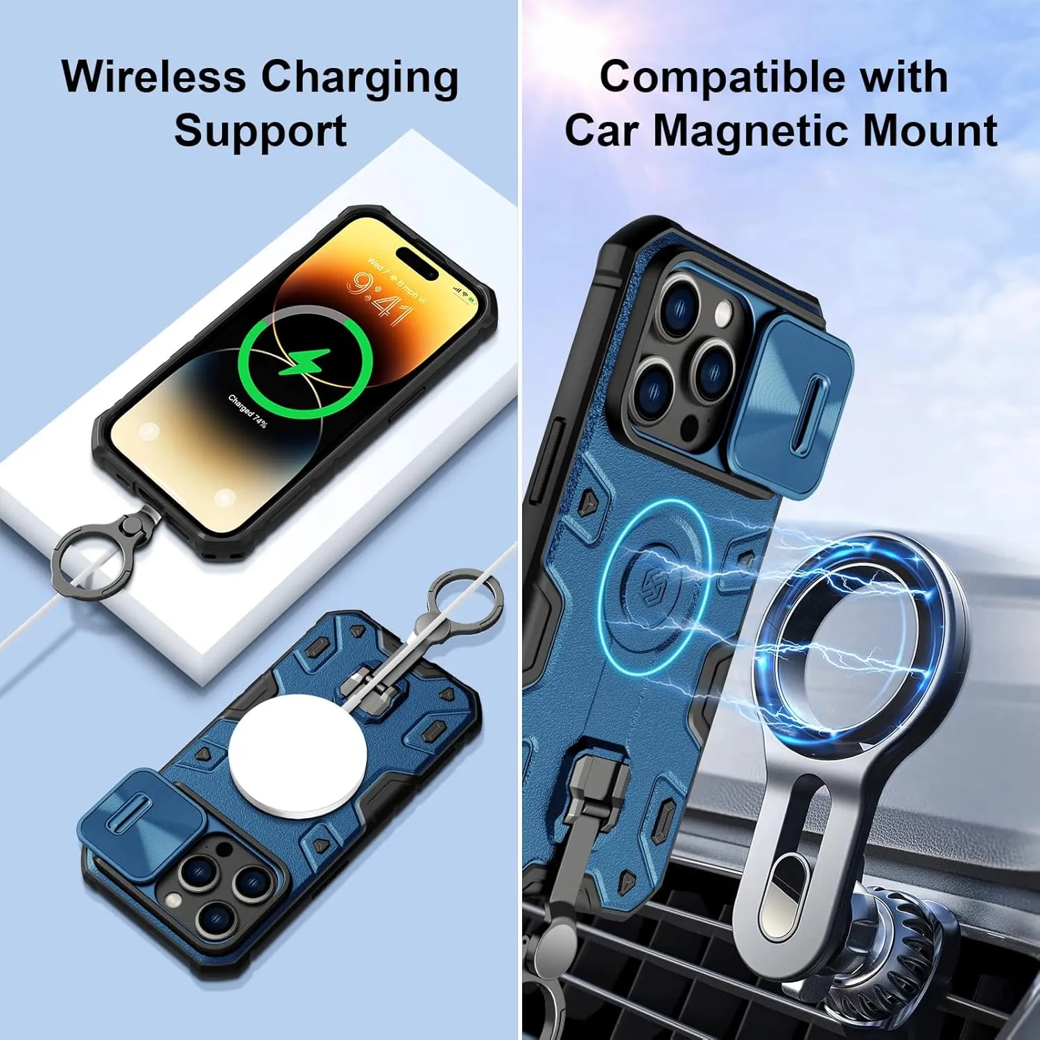 Nillkin Case for iPhone 14 Pro Case with Stand, Slide Camera Cover, Military Grade Shockproof Portective Case Compatible with MagSafe Wireless Charger&Magnetic Car Mount Holder,Blue
