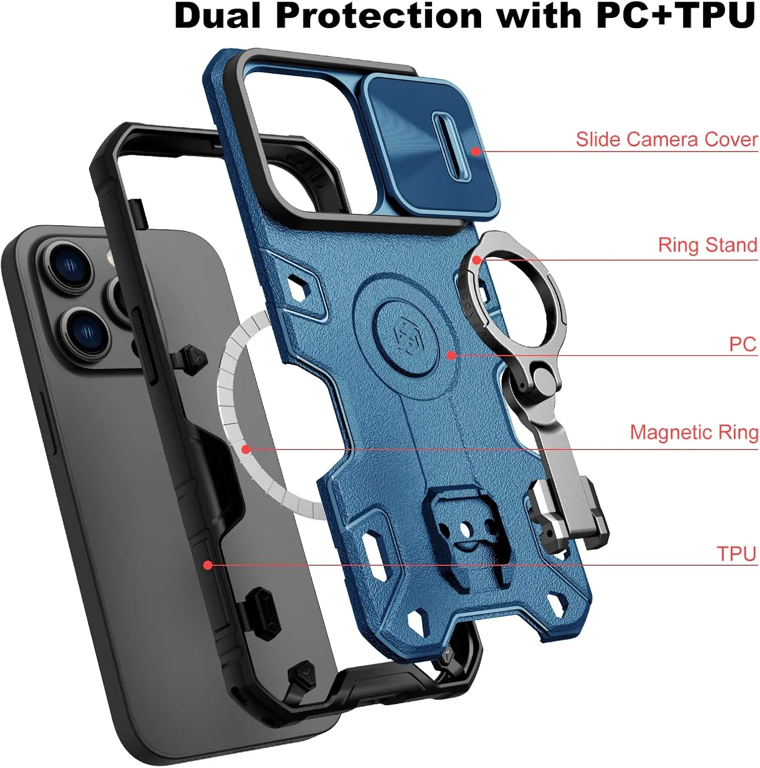 Nillkin Case for iPhone 14 Pro Case with Stand, Slide Camera Cover, Military Grade Shockproof Portective Case Compatible with MagSafe Wireless Charger&Magnetic Car Mount Holder,Blue