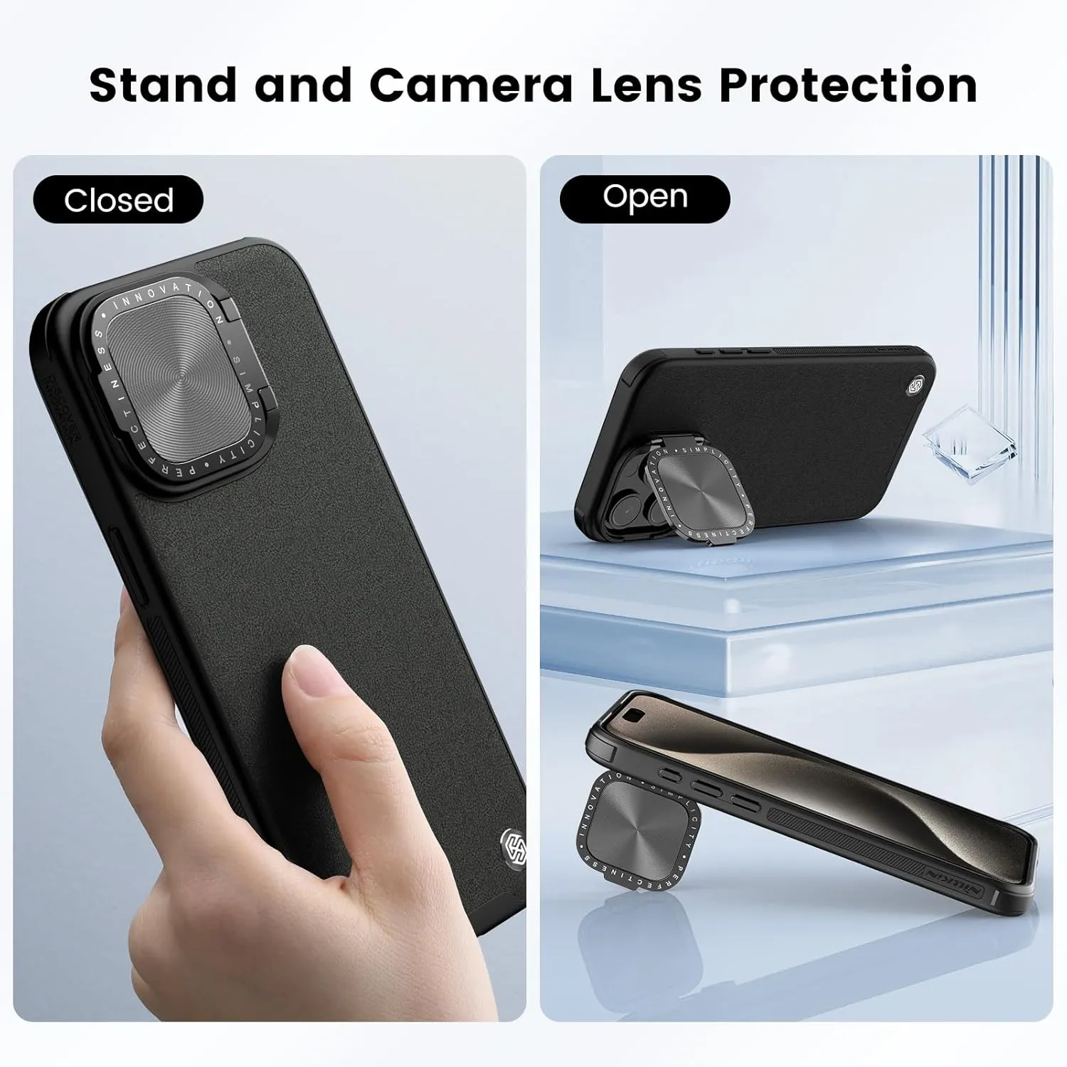 Nillkin for iPhone 15 Pro Max Case, Vegan Leather Case Compatible with MagSafe, Built-in Kickstand, Upgraded Camera Protection, Shockproof Protective Phone Case for iPhone 15 Pro Max, Black