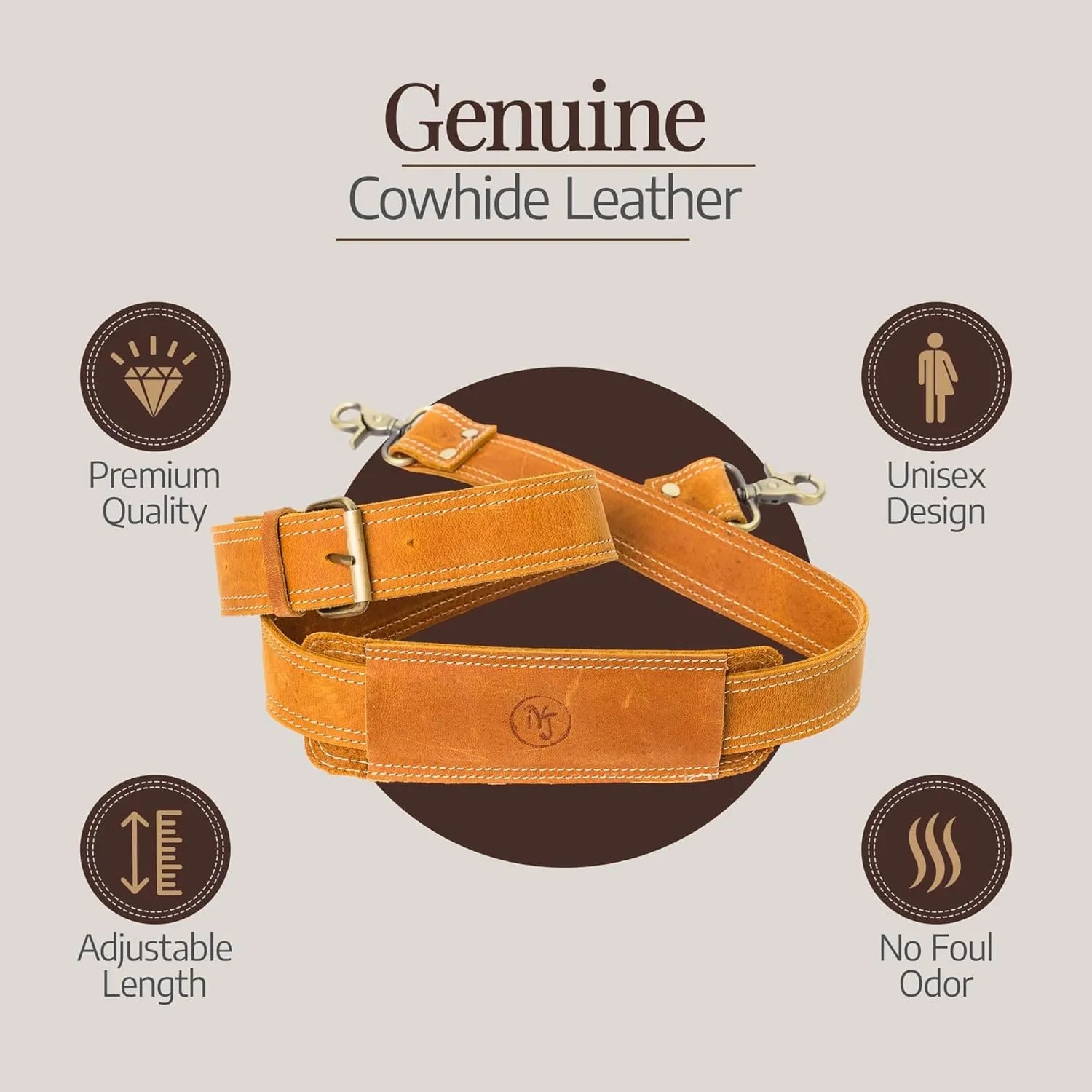 NJ Leatherworks Leather Bag Strap, Adjustable Replacement Shoulder Strap for Messenger, Duffel, Laptop, Camera Bags or Purses