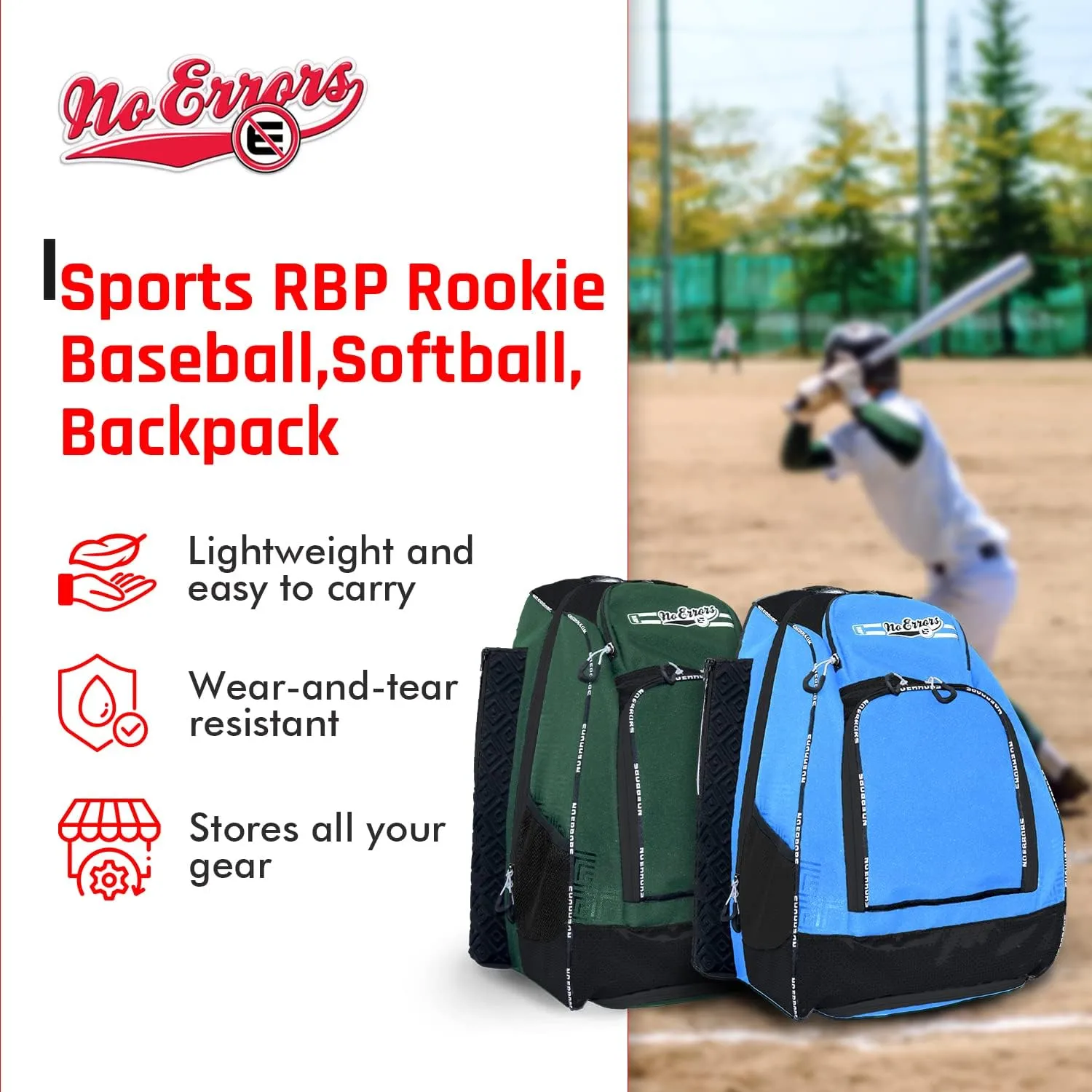 No Errors Sports RBP Rookie Baseball and Softball Backpack - Youth Baseball and Softball Bat Bag with Fence Hooks - Baseball and Softball Equipment Bag for Kids