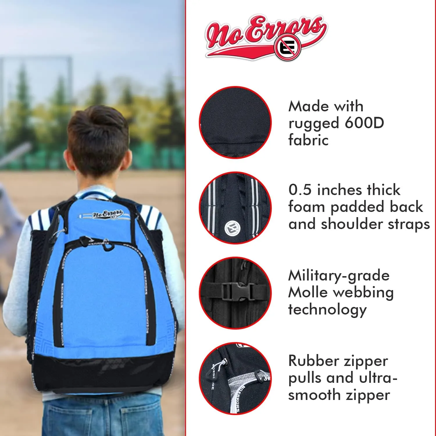 No Errors Sports RBP Rookie Baseball and Softball Backpack - Youth Baseball and Softball Bat Bag with Fence Hooks - Baseball and Softball Equipment Bag for Kids
