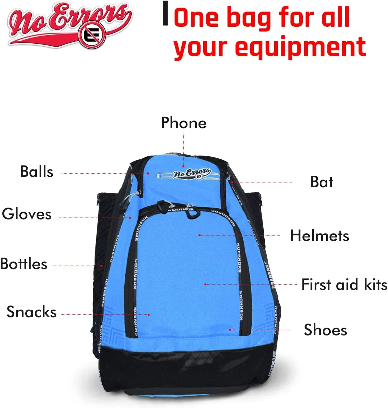 No Errors Sports RBP Rookie Baseball and Softball Backpack - Youth Baseball and Softball Bat Bag with Fence Hooks - Baseball and Softball Equipment Bag for Kids
