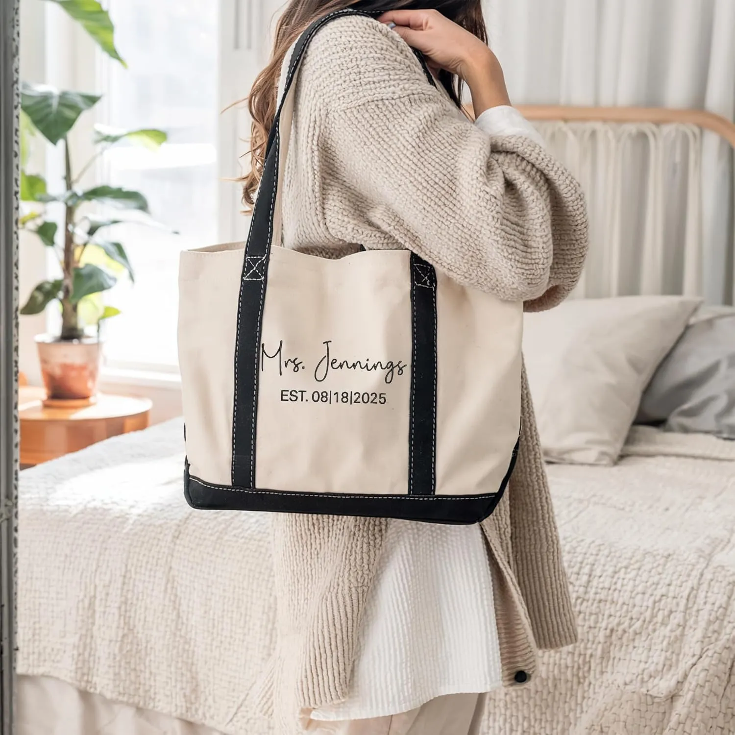 Noni Personalized Embroidered Mrs Canvas Tote Bag for Bride 2025,Wedding Gifts for Bride to Be, Bachelorette Party Gift