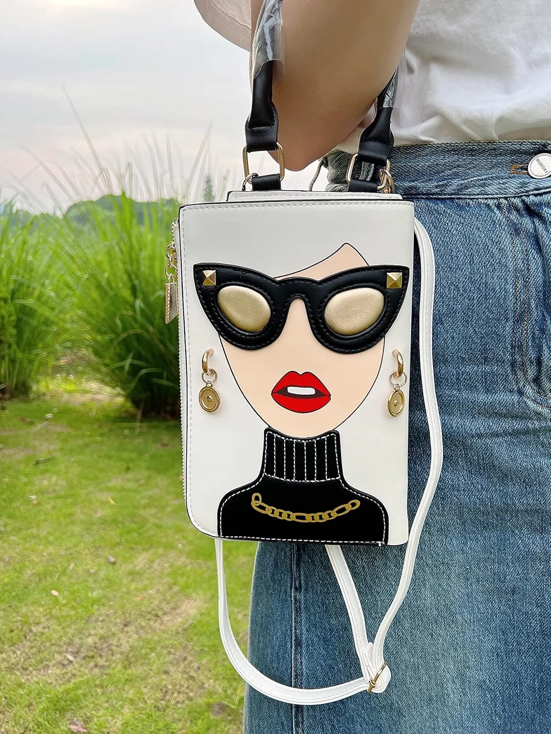 Novelty Unique 3D Lady Face PU Leather Top Handle Satchel Handbags for Women Funky Tote Purse Hobo Crossbody Shoulder bags