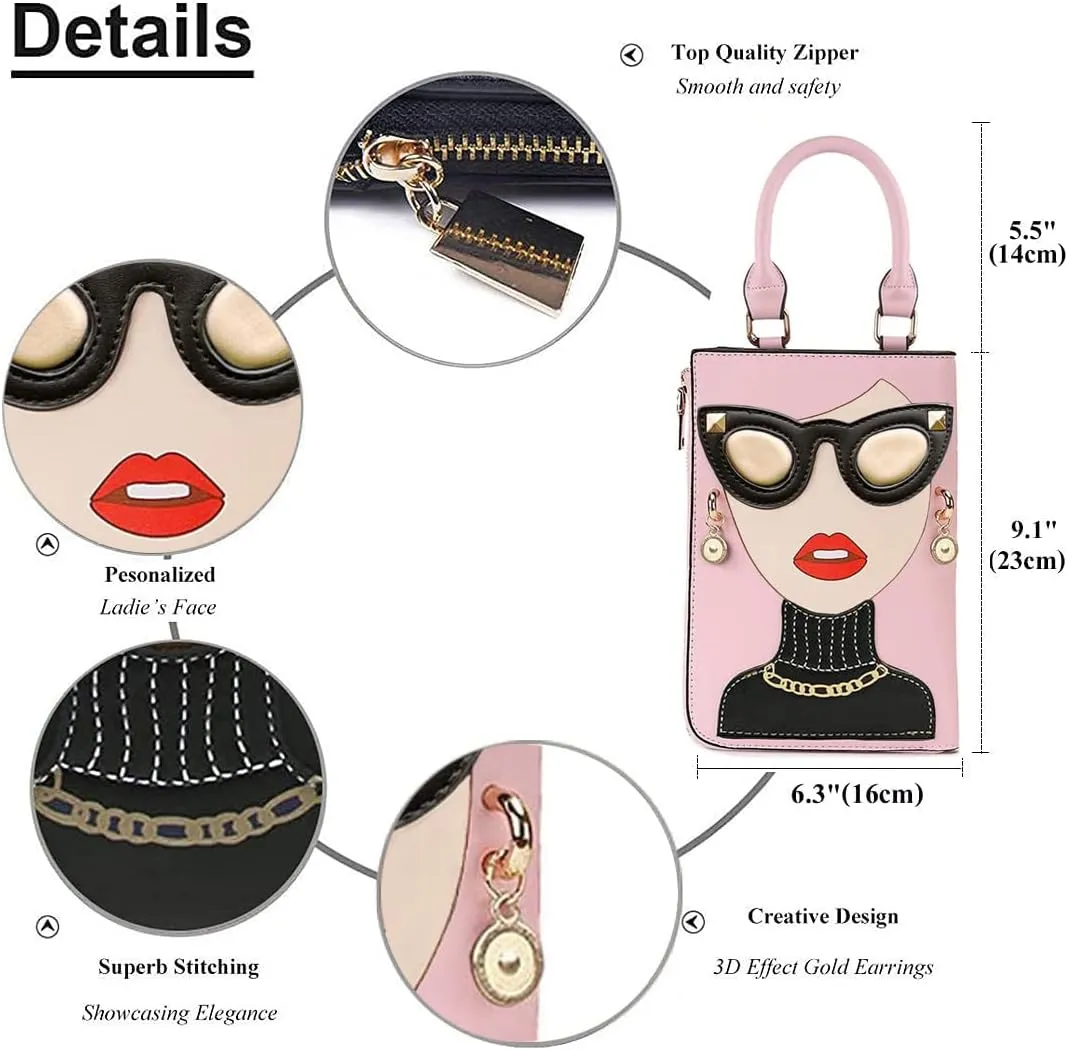 Novelty Unique 3D Lady Face PU Leather Top Handle Satchel Handbags for Women Funky Tote Purse Hobo Crossbody Shoulder bags