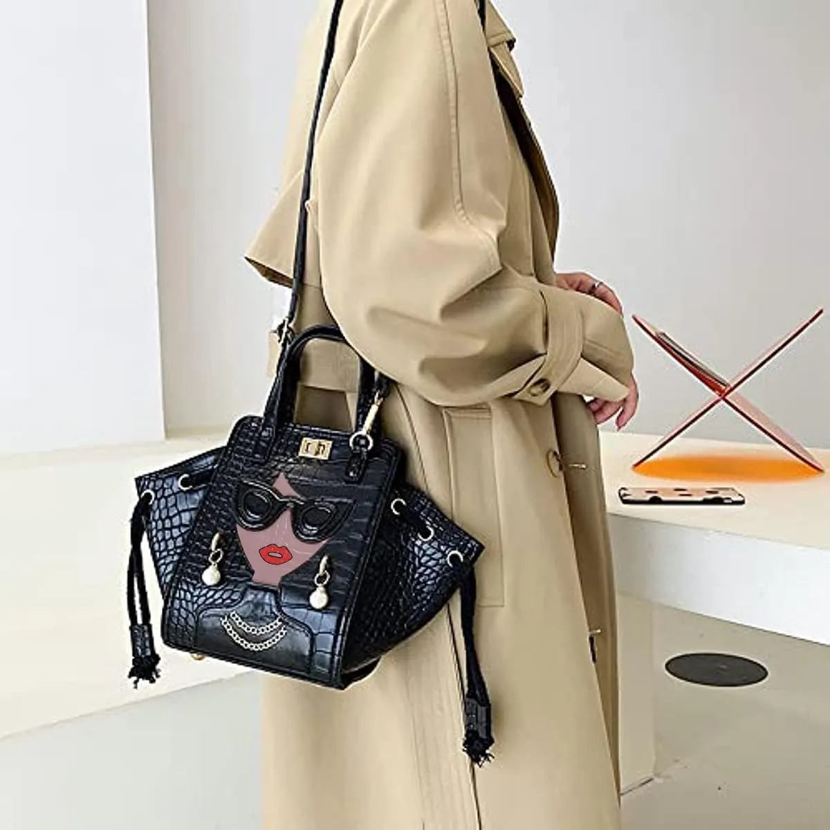 Novelty Unique 3D Lady Face PU Leather Top Handle Satchel Handbags for Women Funky Tote Purse Hobo Crossbody Shoulder bags