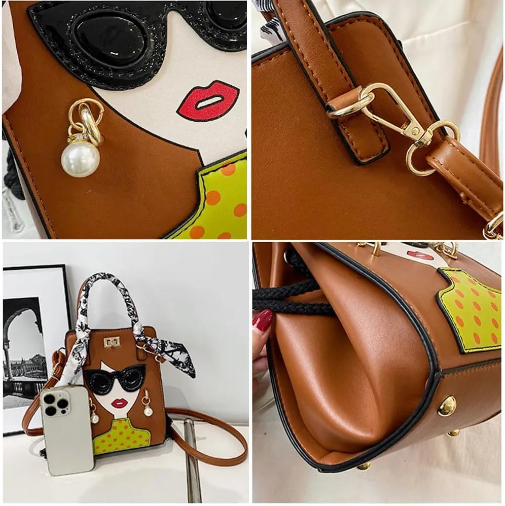 Novelty Unique 3D Lady Face PU Leather Top Handle Satchel Handbags for Women Funky Tote Purse Hobo Crossbody Shoulder bags