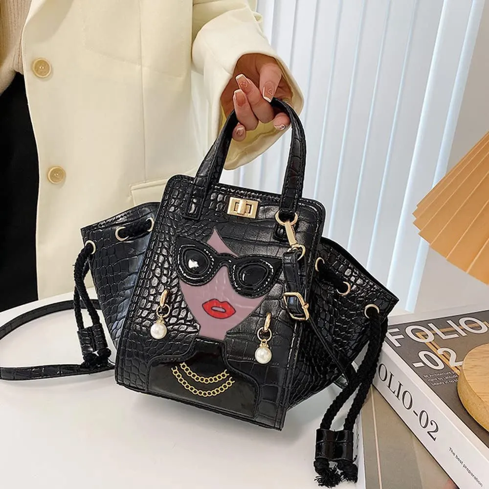 Novelty Unique 3D Lady Face PU Leather Top Handle Satchel Handbags for Women Funky Tote Purse Hobo Crossbody Shoulder bags