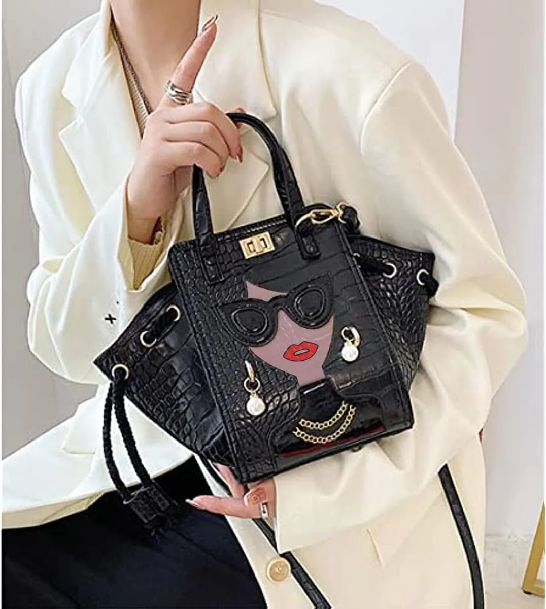 Novelty Unique 3D Lady Face PU Leather Top Handle Satchel Handbags for Women Funky Tote Purse Hobo Crossbody Shoulder bags