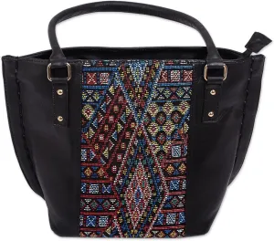 NOVICA Artisan Handmade Cotton Accent Leather Shoulder Bag Geometric Pattern Handbags Multicolor Embroidered Mexico Cultural ' Otomi Geometry'