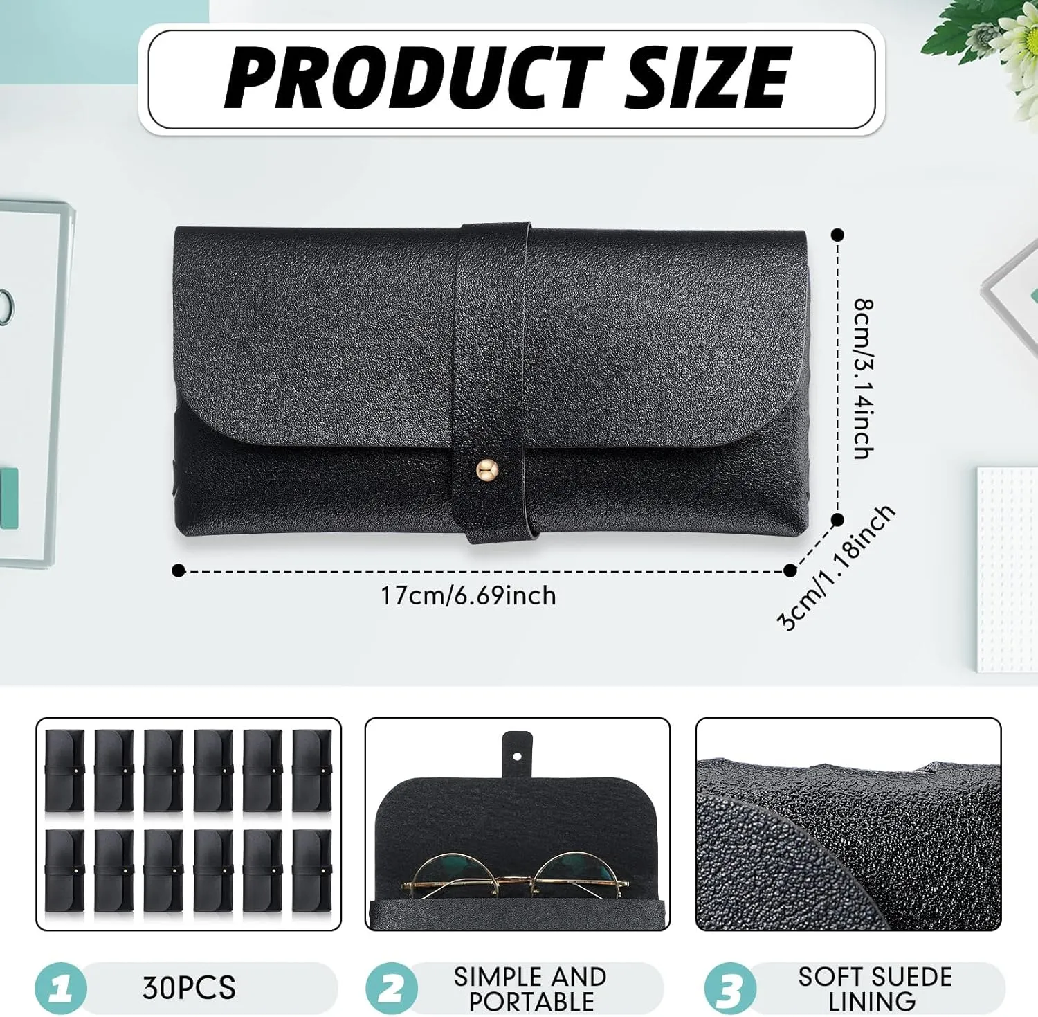 Nuogo 30 Pack Eyeglass Case Soft Glasses Case Studded Sunglasses Pouch Portable PU Leather Bag for Women Men