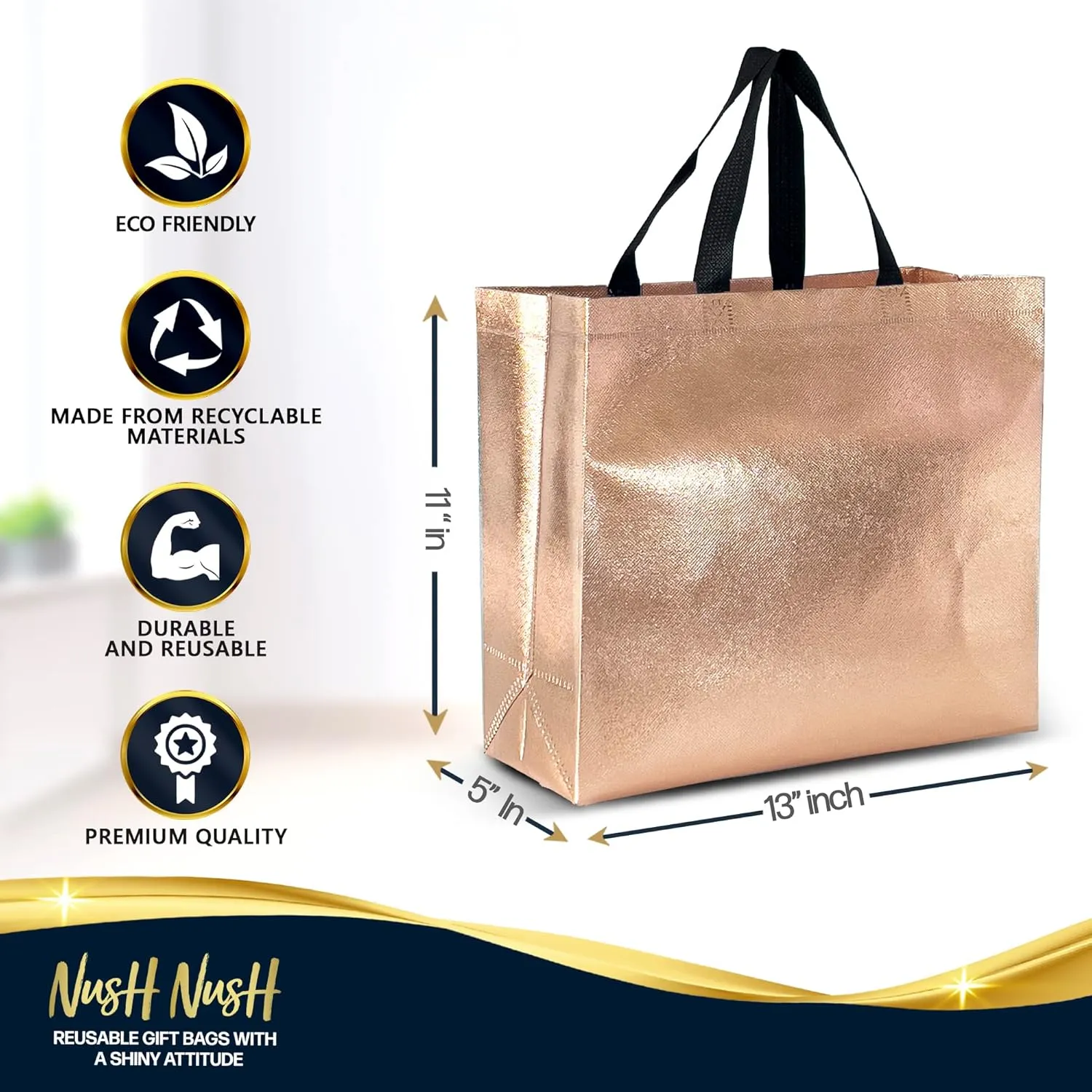 Nush Nush Rose Gold Gift Bags - Large Size, Reusable - Set of 12 With Handles - Goodie Bags for Birthday, Wedding, Bachelorette Party - 11X5X13