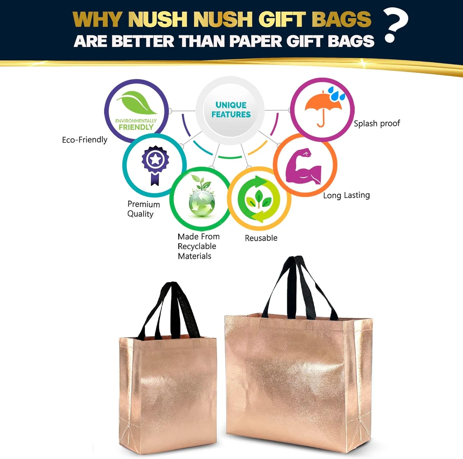 Nush Nush Rose Gold Gift Bags - Large Size, Reusable - Set of 12 With Handles - Goodie Bags for Birthday, Wedding, Bachelorette Party - 11X5X13