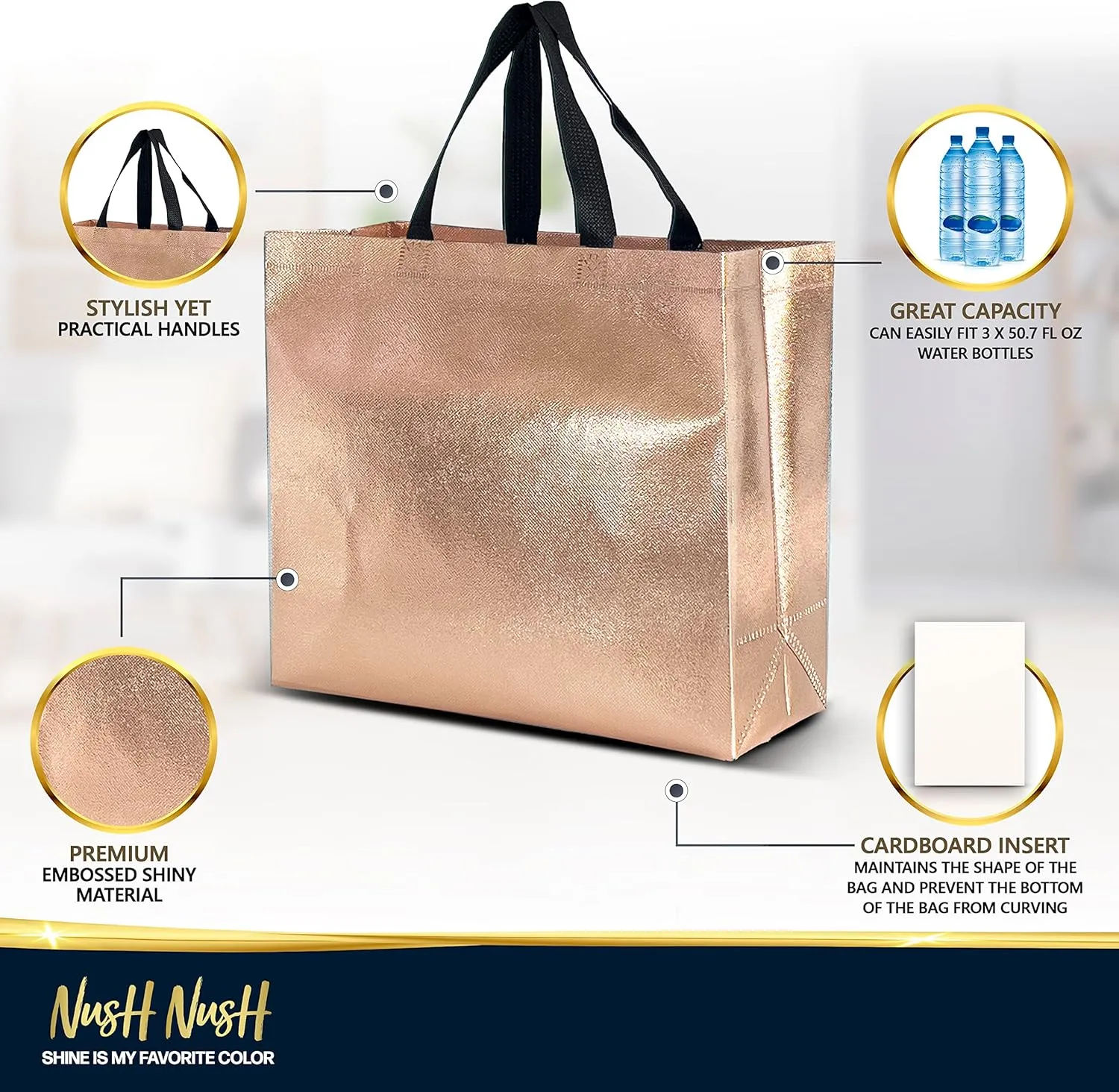 Nush Nush Rose Gold Gift Bags - Large Size, Reusable - Set of 12 With Handles - Goodie Bags for Birthday, Wedding, Bachelorette Party - 11X5X13