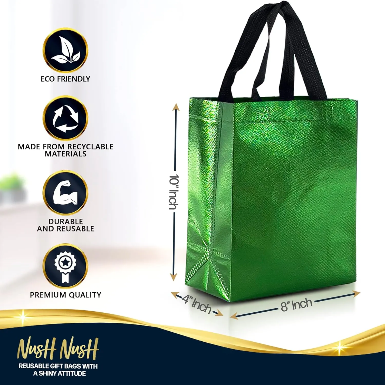 Nush Nush Set of 60 Shiny Green Gift Bags in Bulk, Reusable With Black Handles, Medium Size, Perfect As Goodie/Birthday Gift Bags, Party Favor Bags, 8Wx4Dx10H Size
