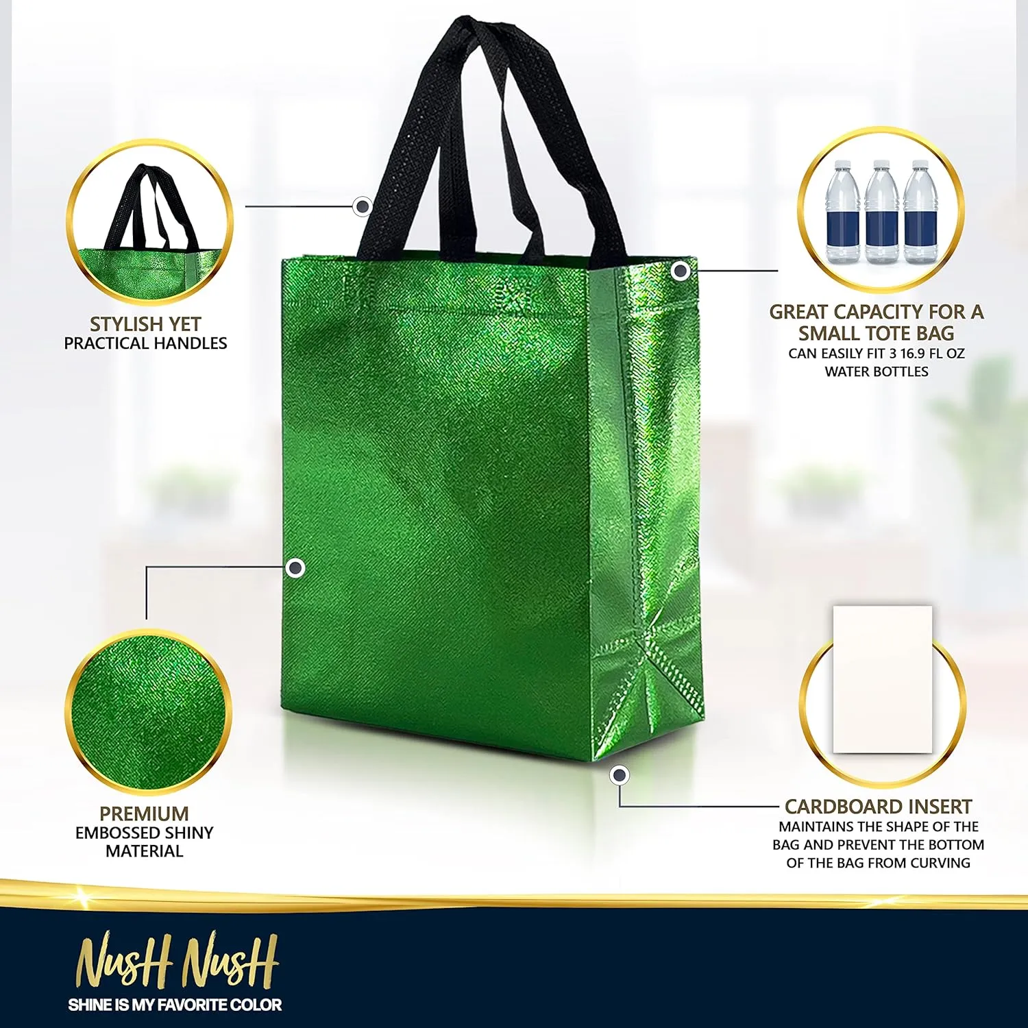 Nush Nush Set of 60 Shiny Green Gift Bags in Bulk, Reusable With Black Handles, Medium Size, Perfect As Goodie/Birthday Gift Bags, Party Favor Bags, 8Wx4Dx10H Size