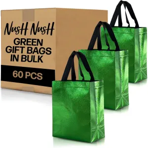 Nush Nush Set of 60 Shiny Green Gift Bags in Bulk, Reusable With Black Handles, Medium Size, Perfect As Goodie/Birthday Gift Bags, Party Favor Bags, 8Wx4Dx10H Size