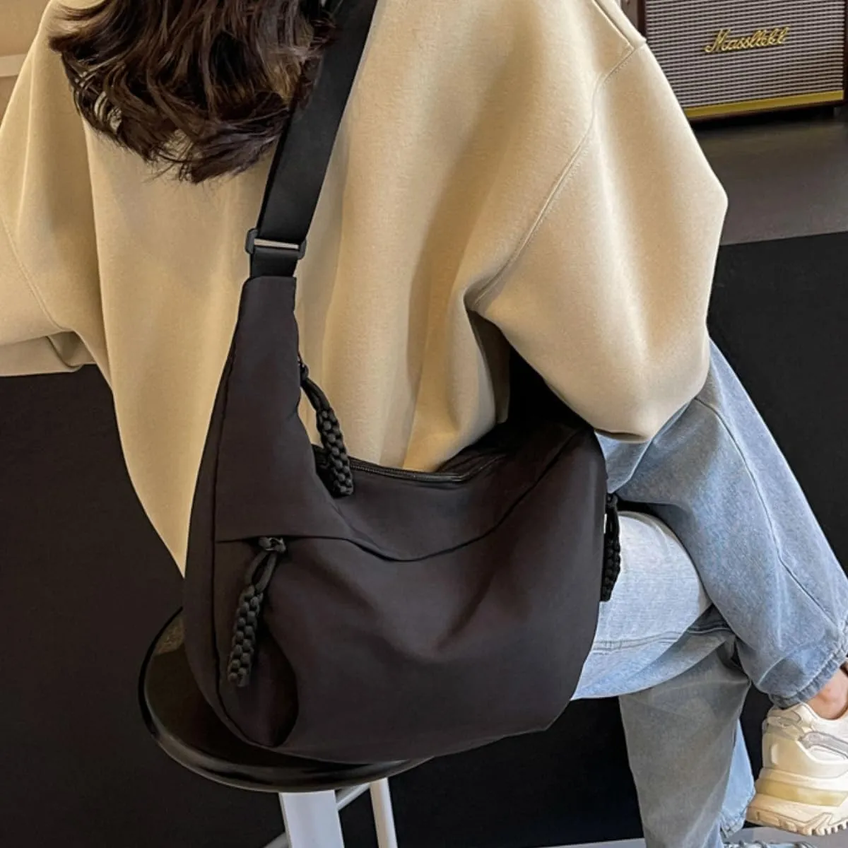 Nylon Crossbody Bags for Women Nylon Crescent Bag Casual Slouchy Shoulder Bags Dumpling Bag with Multi-Pockets