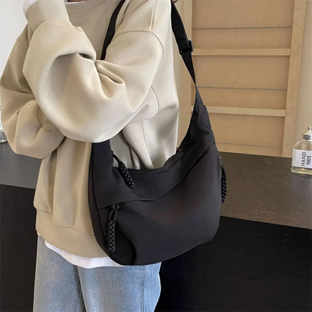 Nylon Crossbody Bags for Women Nylon Crescent Bag Casual Slouchy Shoulder Bags Dumpling Bag with Multi-Pockets
