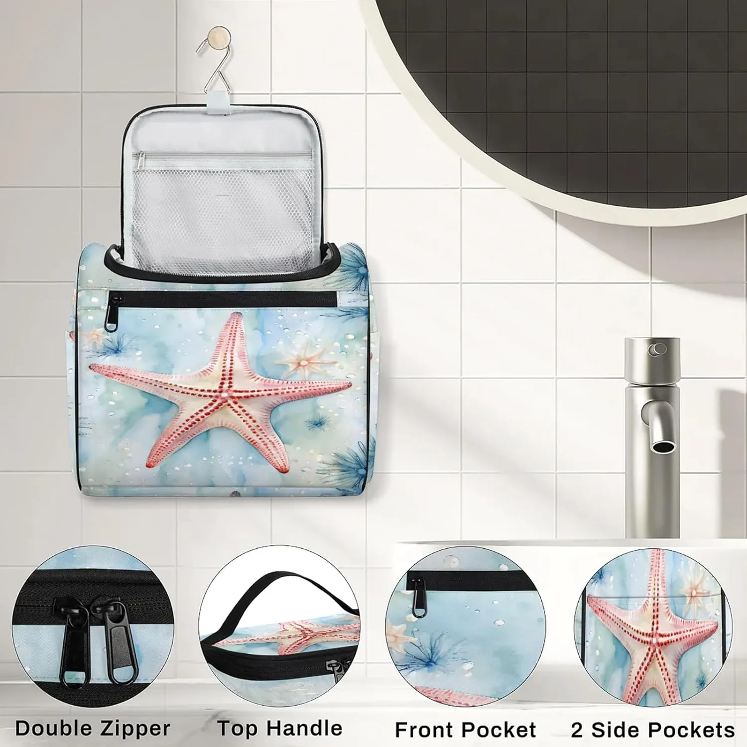 Ocean Starfish Large Makeup Bag Travel Make Up Organizer for Women Girls Cosmetic Bag Organizer With Handle