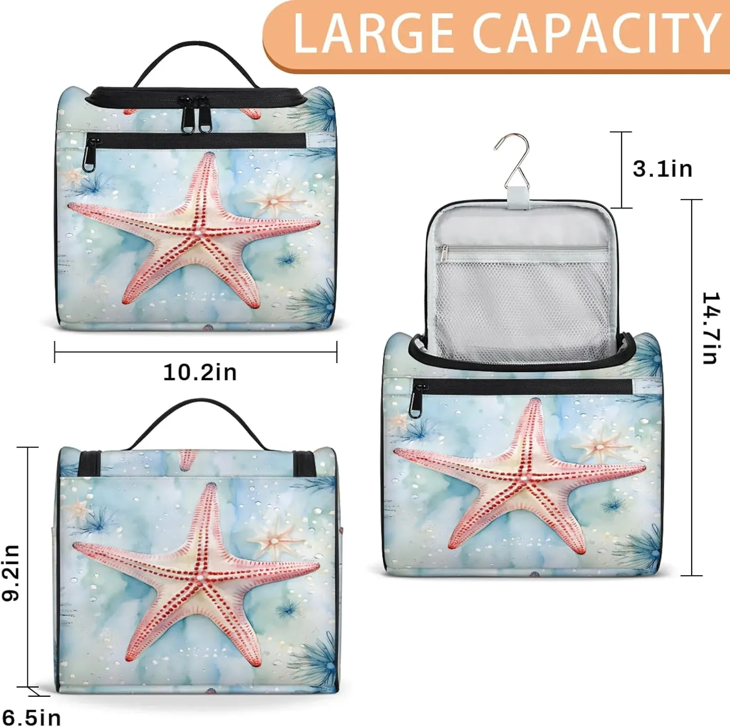 Ocean Starfish Large Makeup Bag Travel Make Up Organizer for Women Girls Cosmetic Bag Organizer With Handle