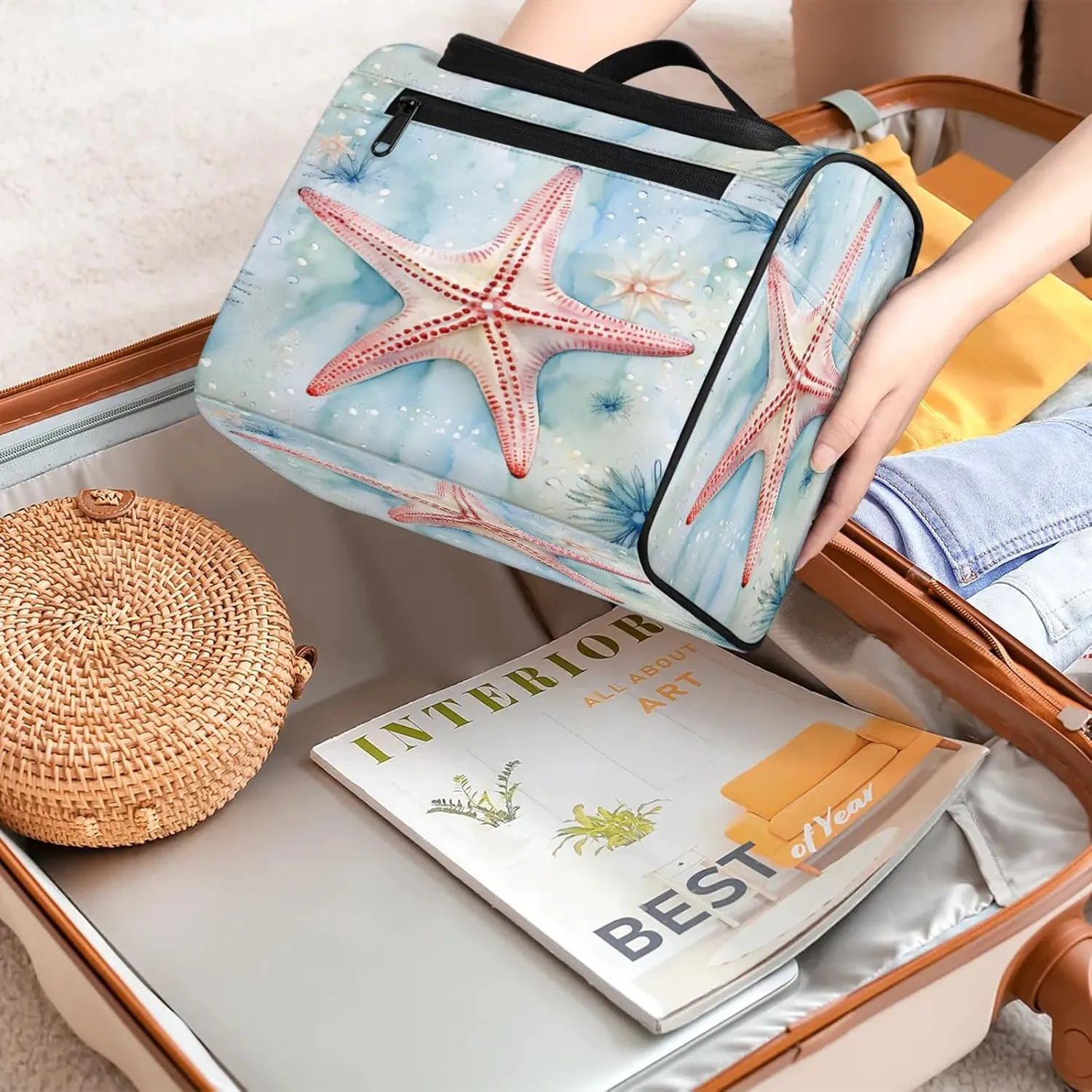 Ocean Starfish Large Makeup Bag Travel Make Up Organizer for Women Girls Cosmetic Bag Organizer With Handle