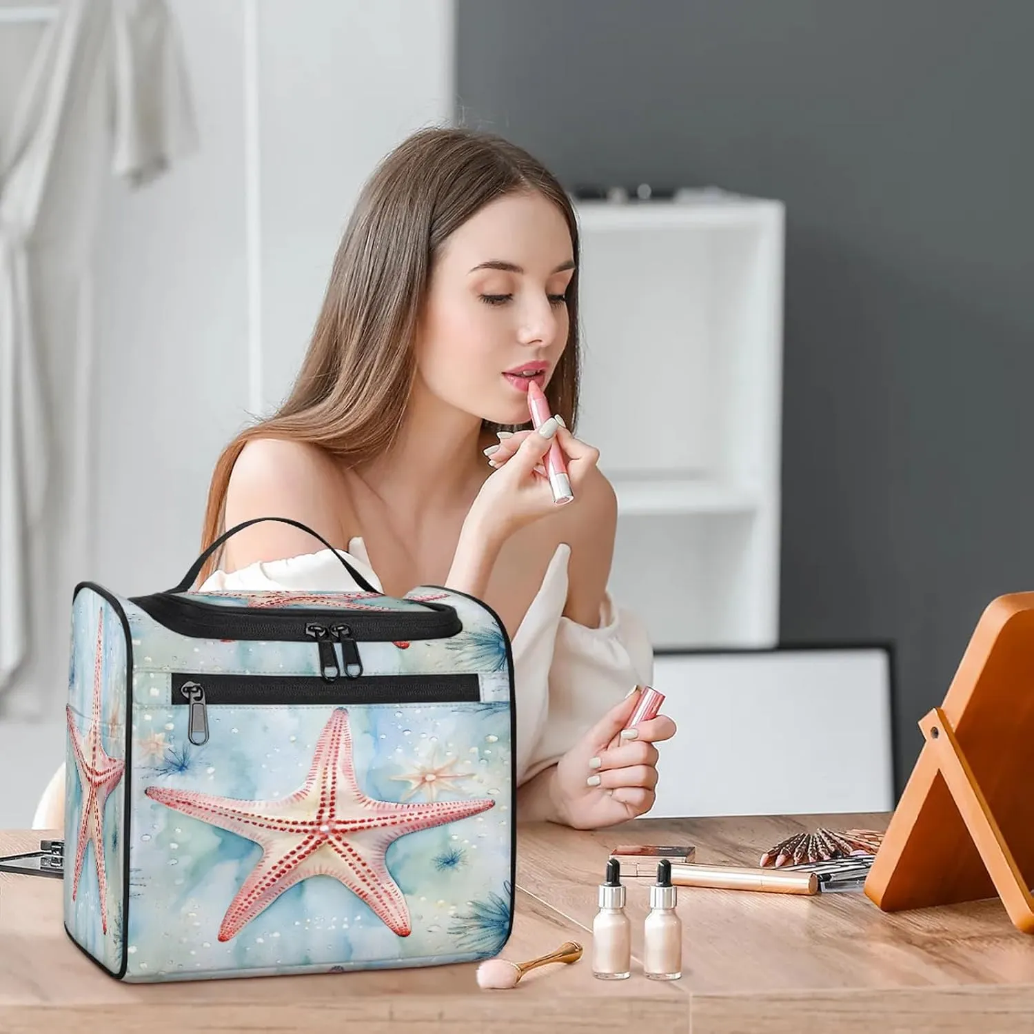 Ocean Starfish Large Makeup Bag Travel Make Up Organizer for Women Girls Cosmetic Bag Organizer With Handle