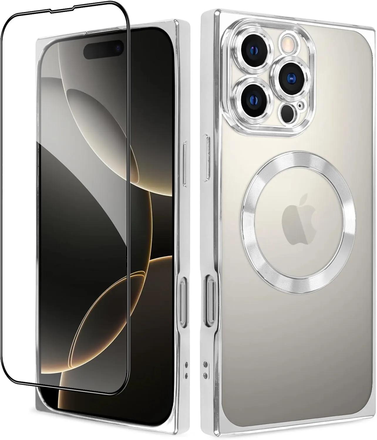 OOK Magnetic Case Made for iPhone 16 Pro (Compatible with MagSafe) Clear Phone Cover with Screen Protector Soft TPU Anti-Scratch Shockproof Protective Case for Women Men - Silver