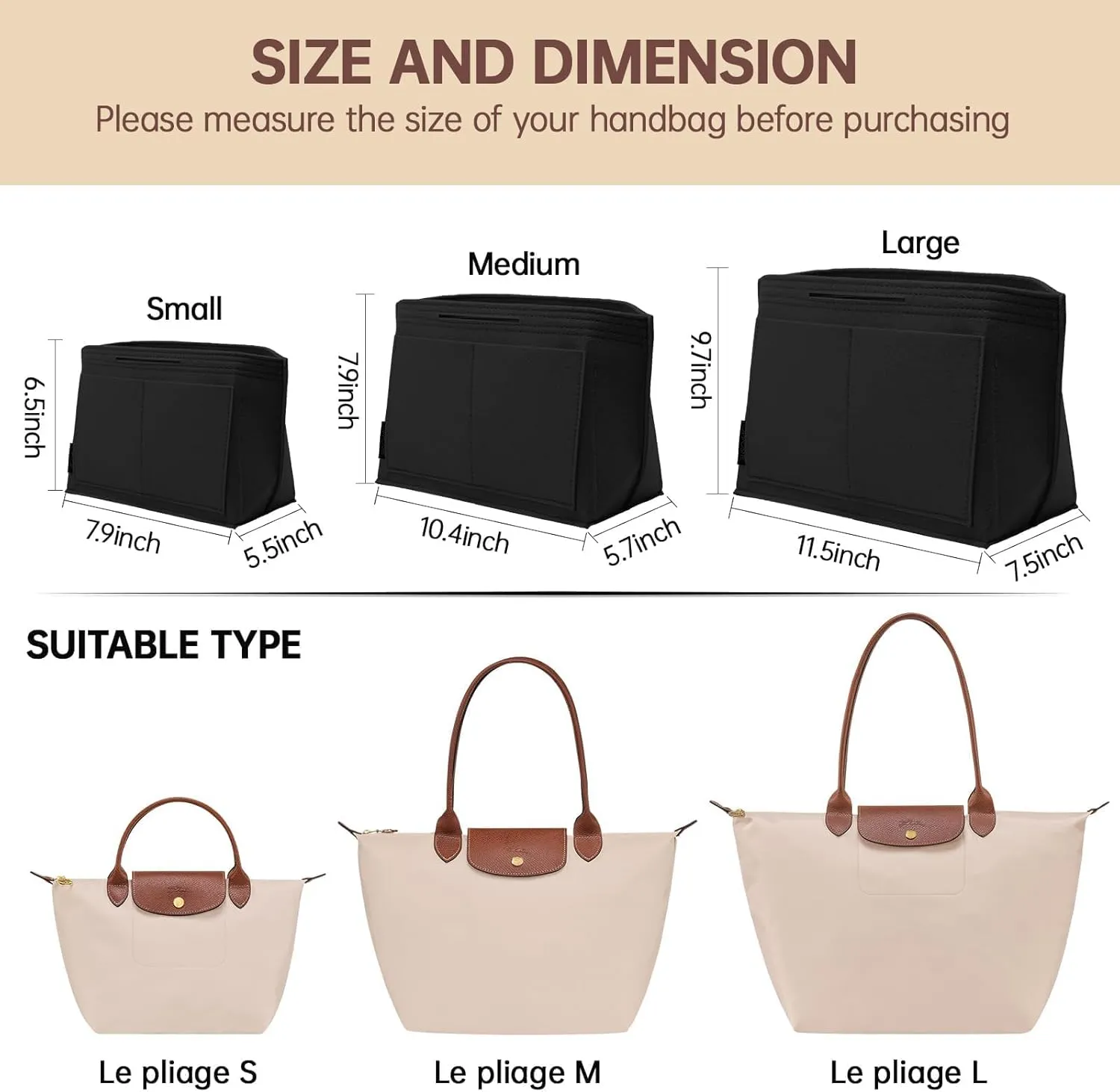 OPPOSHE Purse Organizer Insert for Longchamp Le Pliage, Premium Felt Long Champ Bag Handbag Women, Tote Organizer Insert with 9 Compartments (Large, Black)