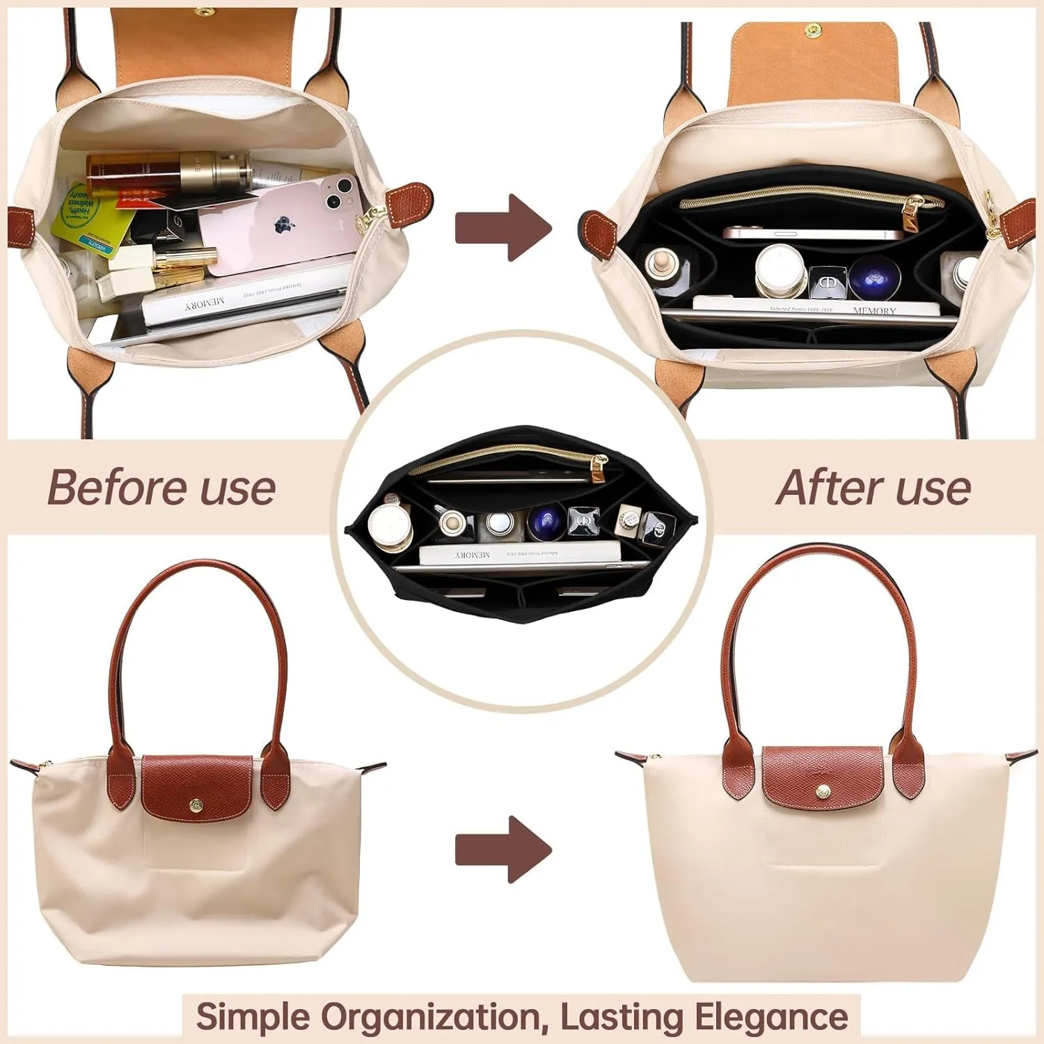 OPPOSHE Purse Organizer Insert for Longchamp Le Pliage, Premium Felt Long Champ Bag Handbag Women, Tote Organizer Insert with 9 Compartments (Large, Black)