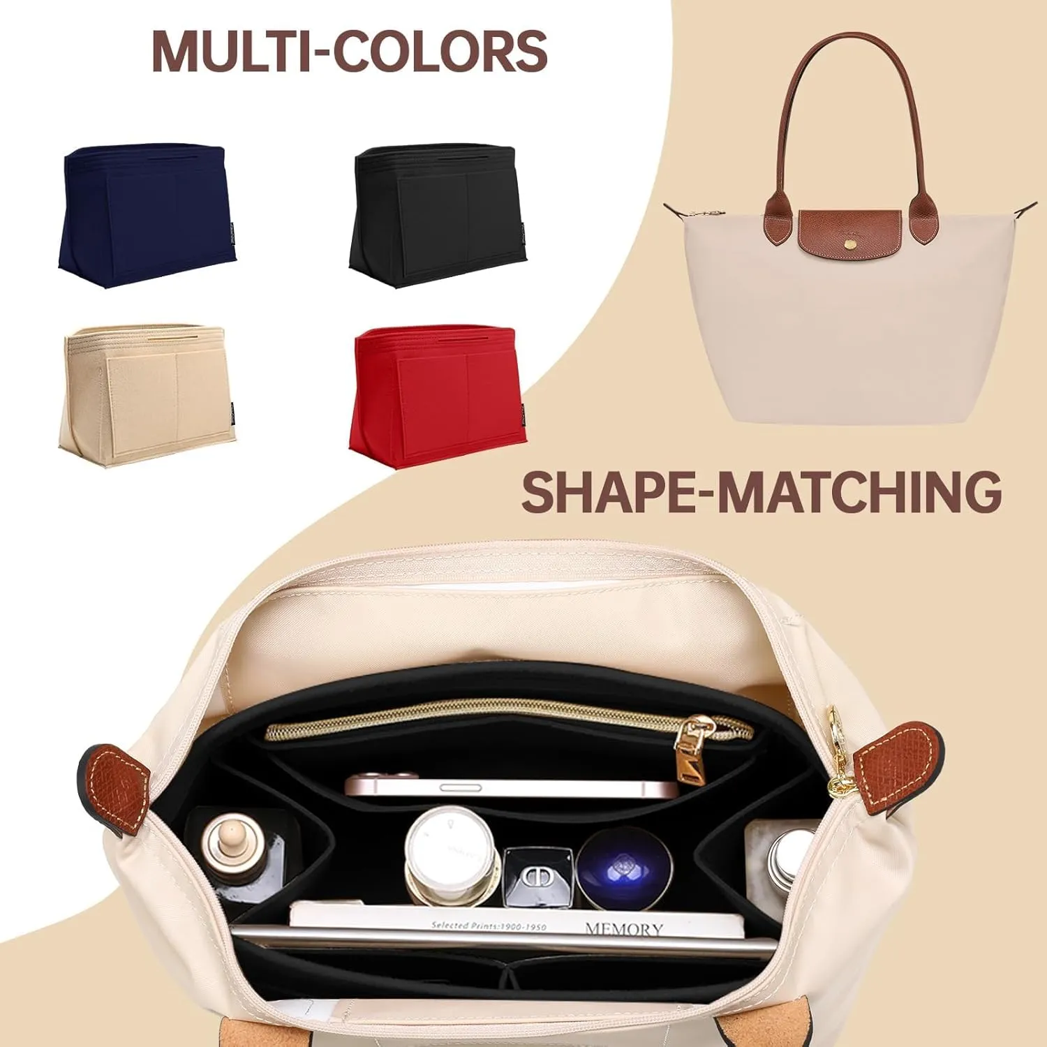 OPPOSHE Purse Organizer Insert for Longchamp Le Pliage, Premium Felt Long Champ Bag Handbag Women, Tote Organizer Insert with 9 Compartments (Large, Black)
