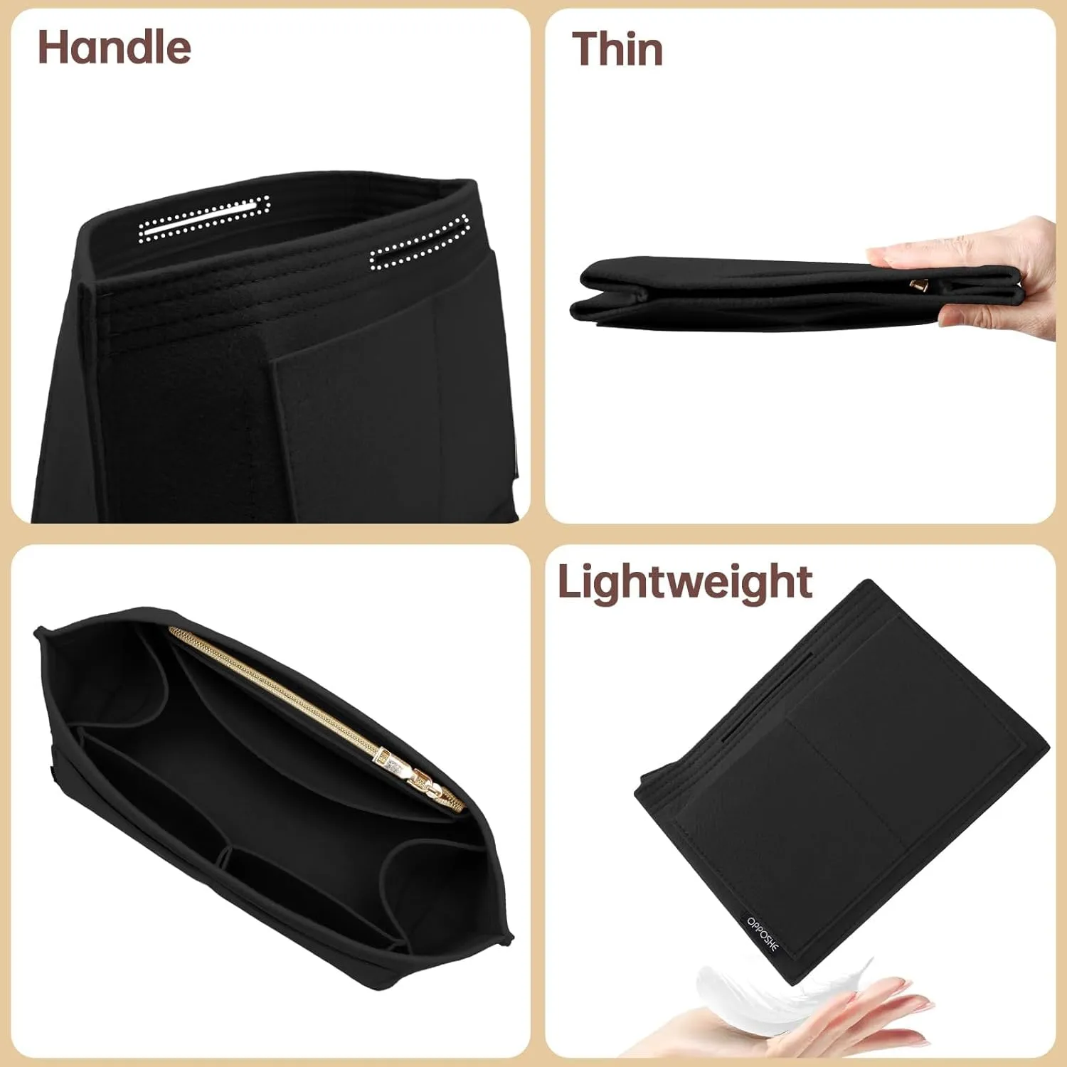 OPPOSHE Purse Organizer Insert for Longchamp Le Pliage, Premium Felt Long Champ Bag Handbag Women, Tote Organizer Insert with 9 Compartments (Large, Black)