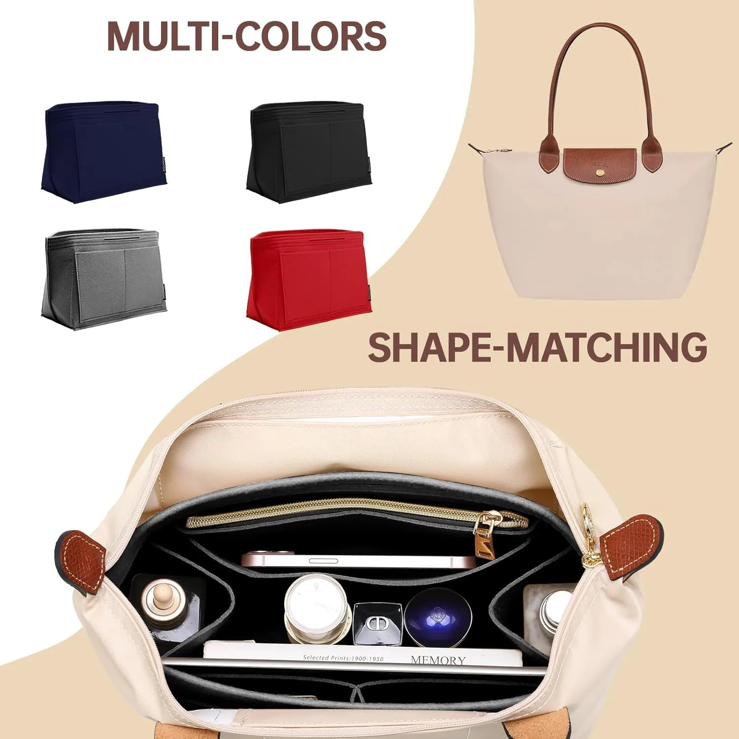 OPPOSHE Purse Organizer Insert for Longchamp Le Pliage, Premium Felt Long Champ Bag Handbag Women, Tote Organizer Insert with 9 Compartments (Large, Grey)