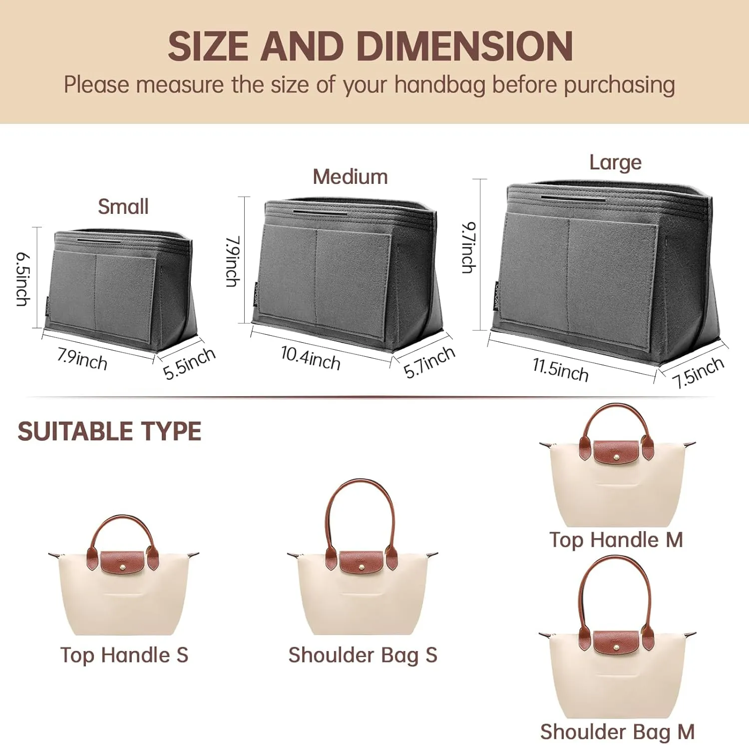 OPPOSHE Purse Organizer Insert for Longchamp Le Pliage, Premium Felt Long Champ Bag Handbag Women, Tote Organizer Insert with 9 Compartments (Large, Grey)