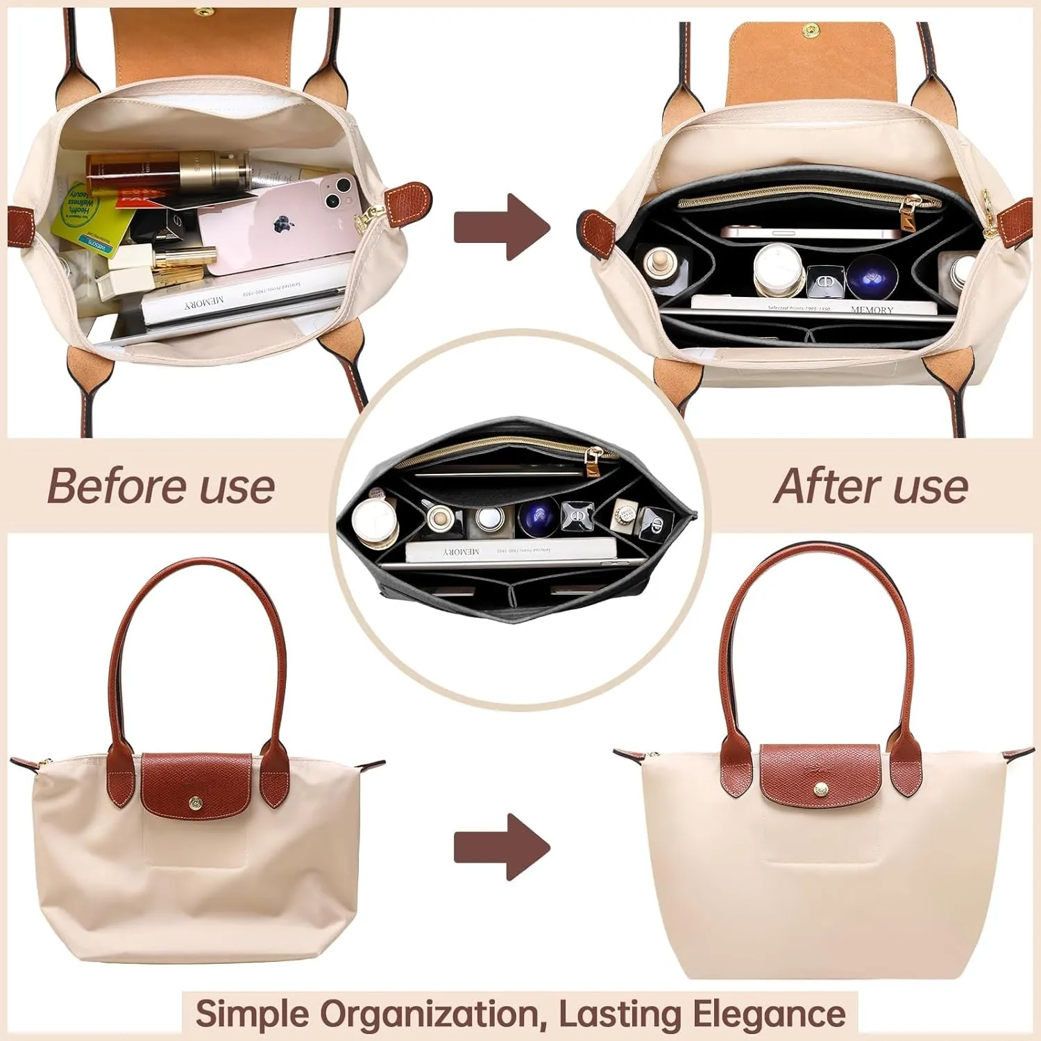 OPPOSHE Purse Organizer Insert for Longchamp Le Pliage, Premium Felt Long Champ Bag Handbag Women, Tote Organizer Insert with 9 Compartments (Large, Grey)