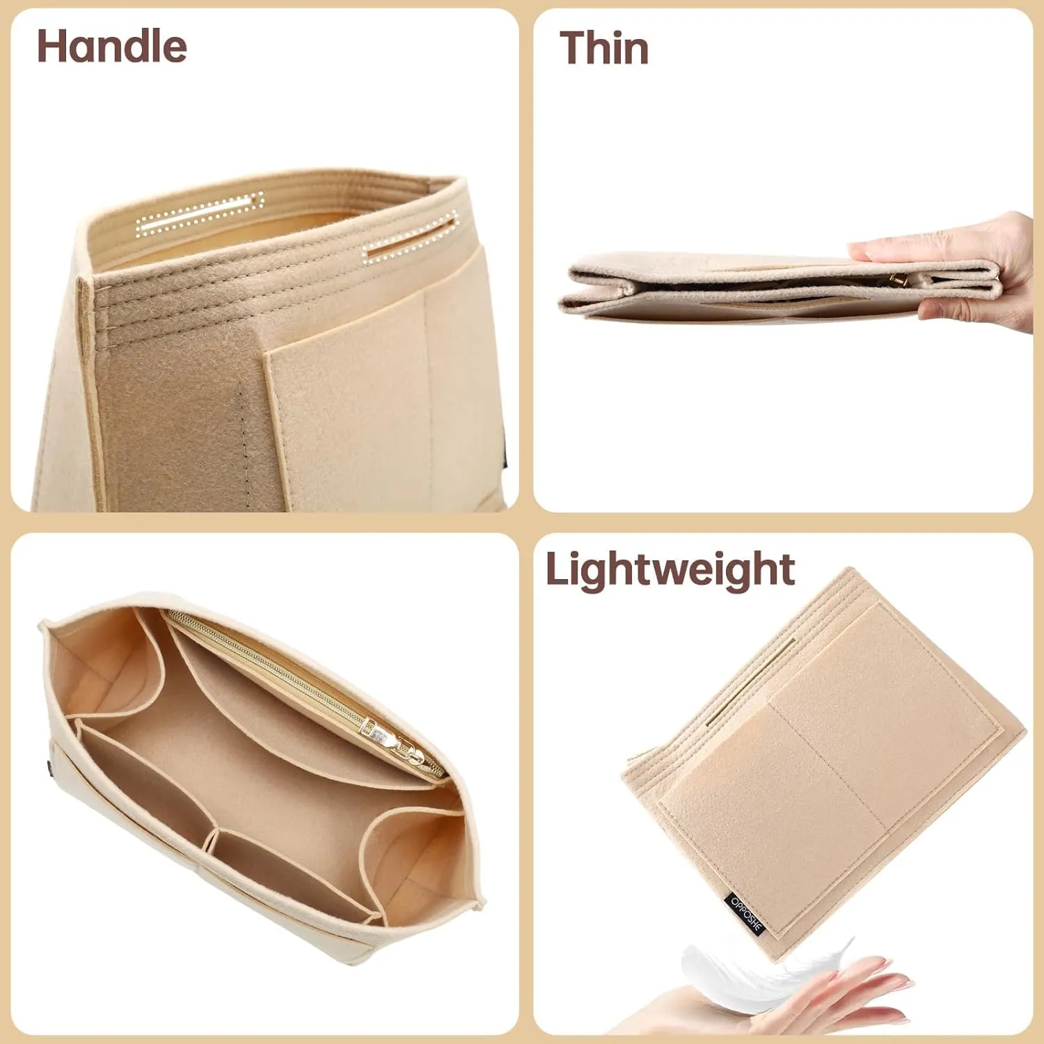 OPPOSHE Purse Organizer Insert for Longchamp Le Pliage, Premium Felt Long Champ Bag Handbag Women, Tote Organizer Insert with 9 Compartments (Medium, Beige)