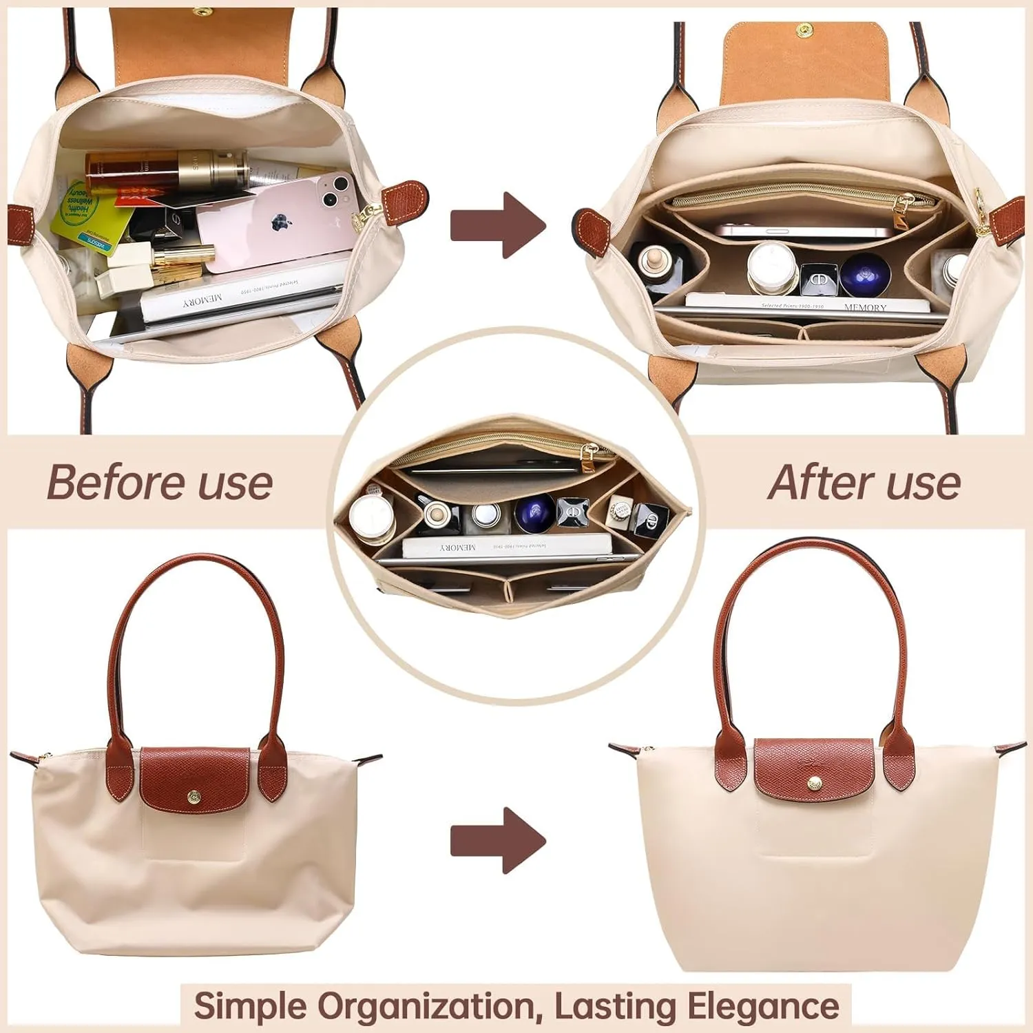 OPPOSHE Purse Organizer Insert for Longchamp Le Pliage, Premium Felt Long Champ Bag Handbag Women, Tote Organizer Insert with 9 Compartments (Medium, Beige)