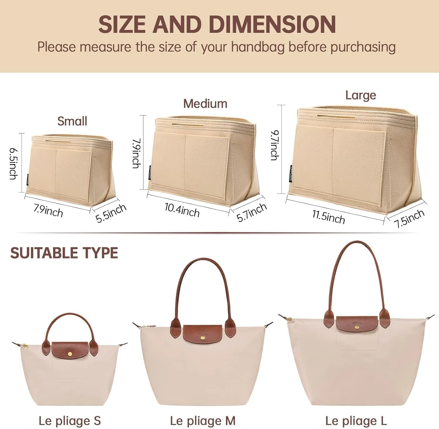 OPPOSHE Purse Organizer Insert for Longchamp Le Pliage, Premium Felt Long Champ Bag Handbag Women, Tote Organizer Insert with 9 Compartments (Medium, Beige)
