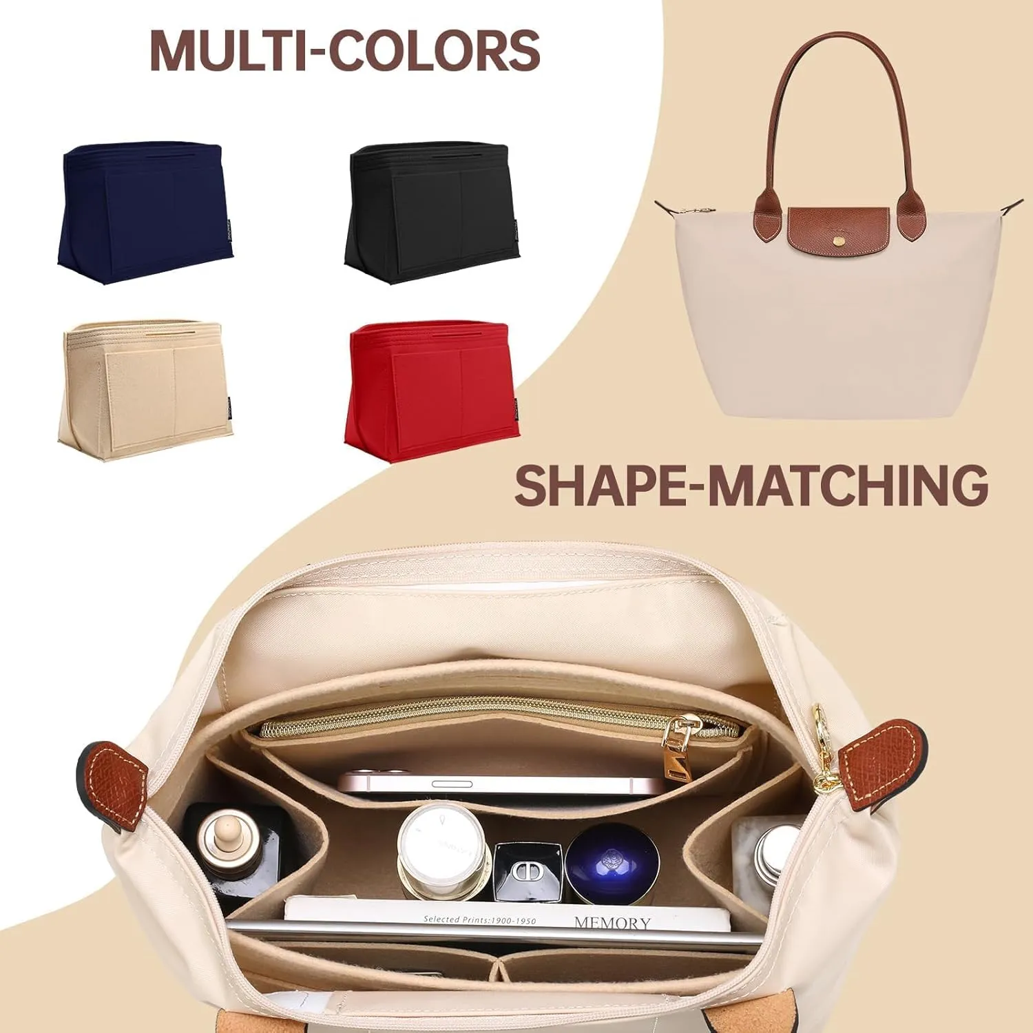 OPPOSHE Purse Organizer Insert for Longchamp Le Pliage, Premium Felt Long Champ Bag Handbag Women, Tote Organizer Insert with 9 Compartments (Medium, Beige)