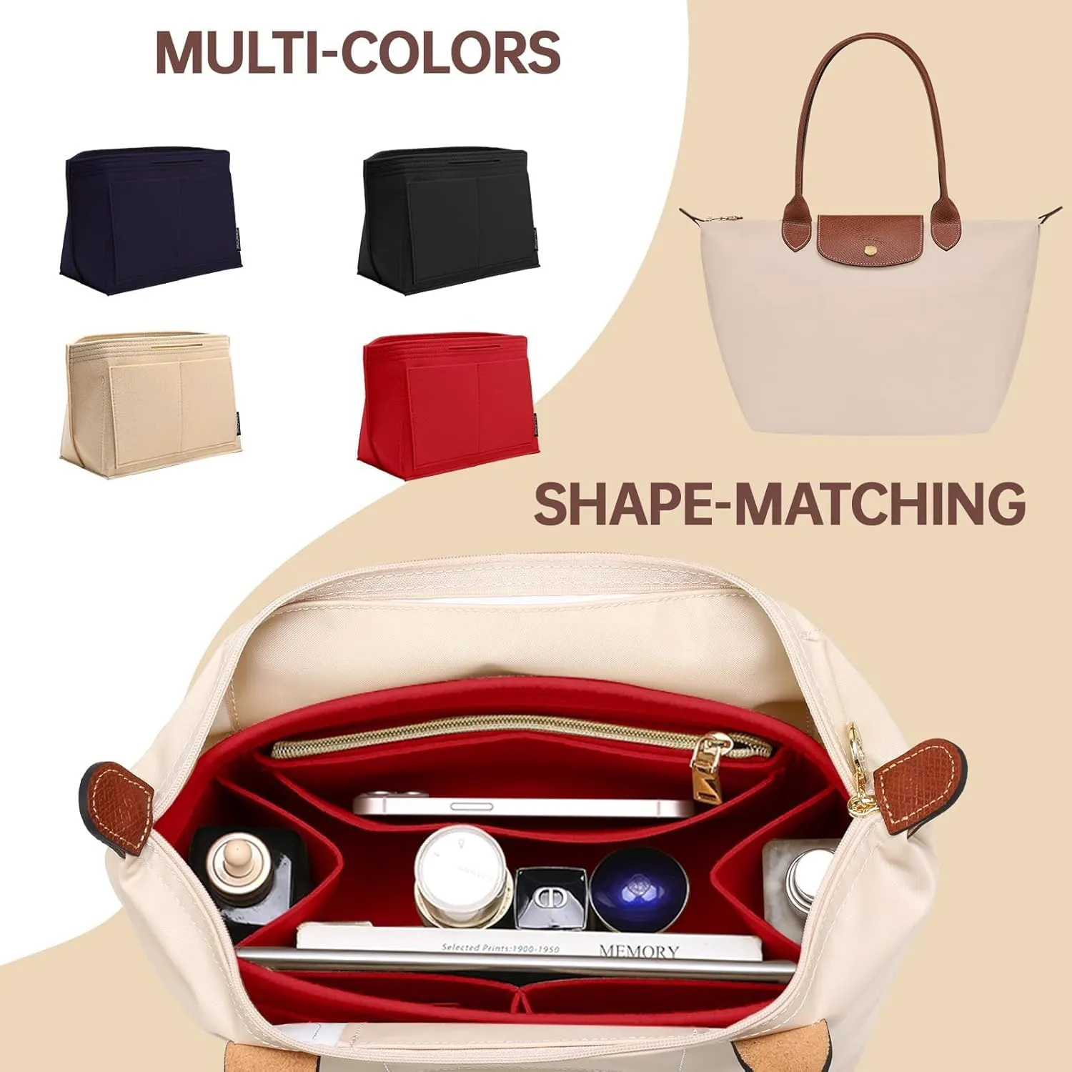 OPPOSHE Purse Organizer Insert for Longchamp Le Pliage, Premium Felt Long Champ Bag Handbag Women, Tote Organizer Insert with 9 Compartments (Medium, Red)