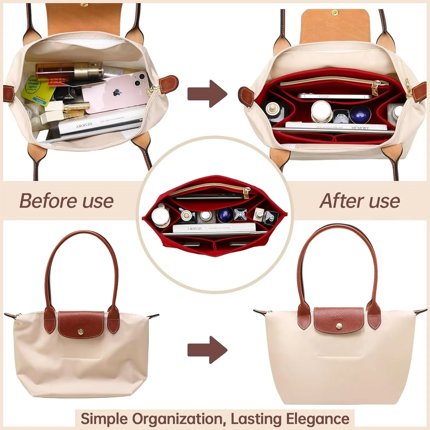 OPPOSHE Purse Organizer Insert for Longchamp Le Pliage, Premium Felt Long Champ Bag Handbag Women, Tote Organizer Insert with 9 Compartments (Medium, Red)
