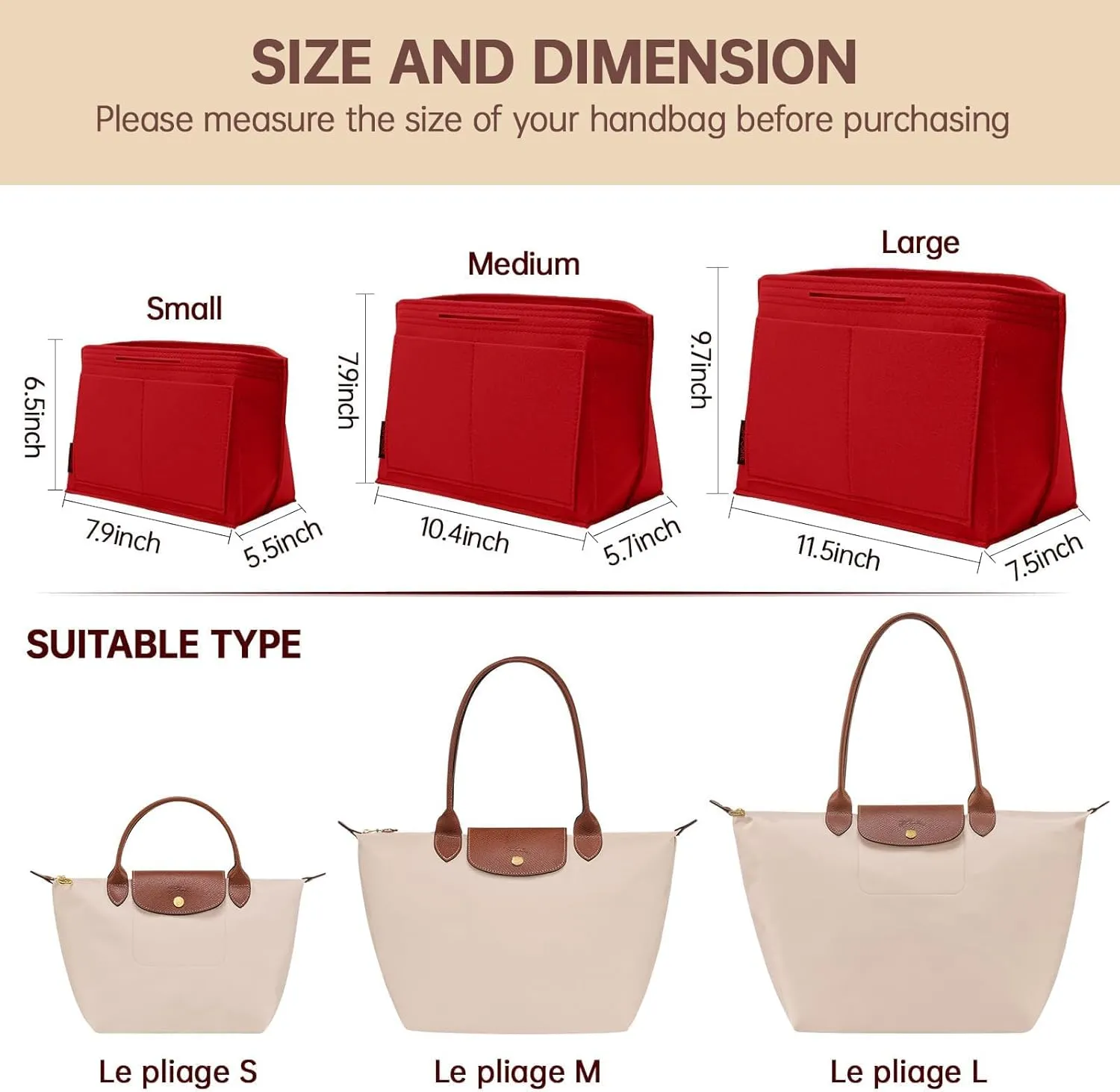 OPPOSHE Purse Organizer Insert for Longchamp Le Pliage, Premium Felt Long Champ Bag Handbag Women, Tote Organizer Insert with 9 Compartments (Medium, Red)