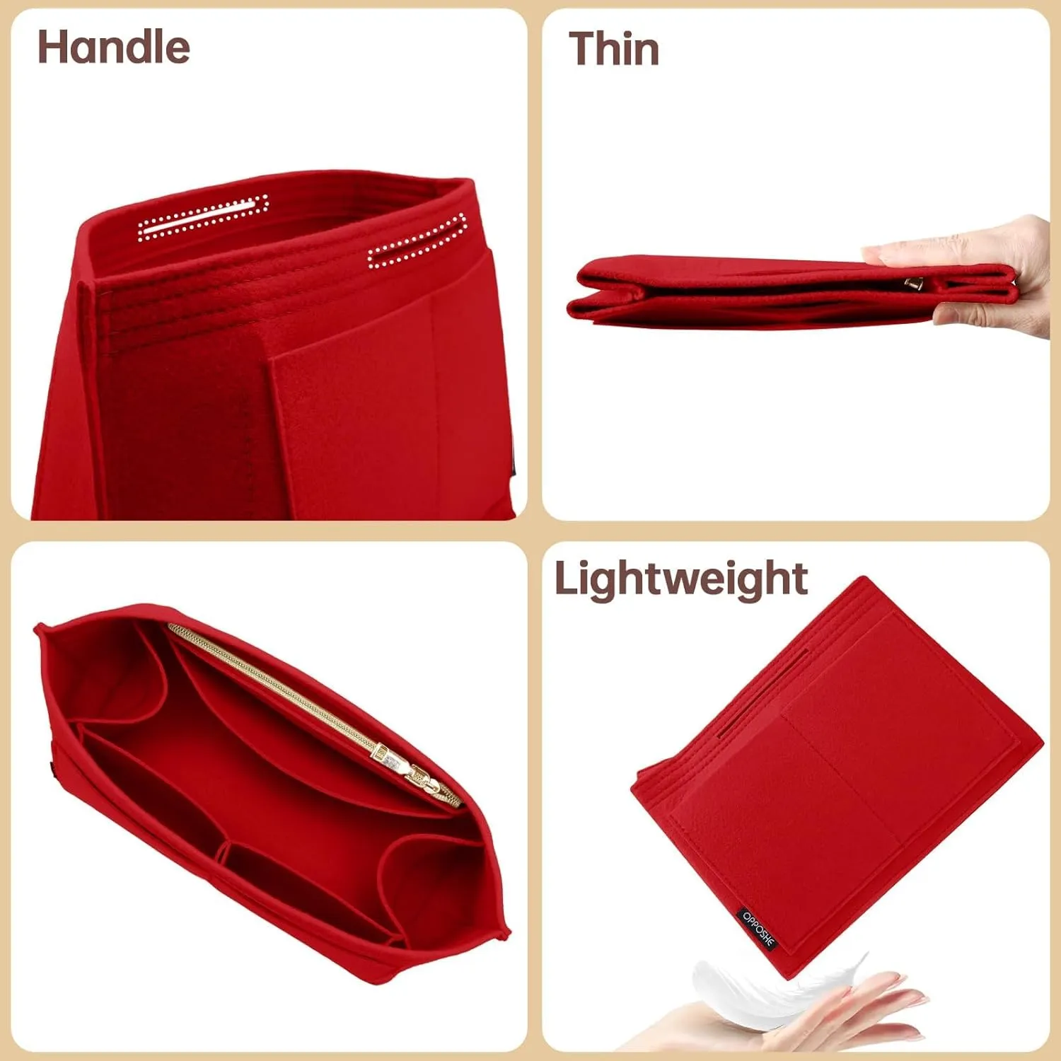 OPPOSHE Purse Organizer Insert for Longchamp Le Pliage, Premium Felt Long Champ Bag Handbag Women, Tote Organizer Insert with 9 Compartments (Medium, Red)