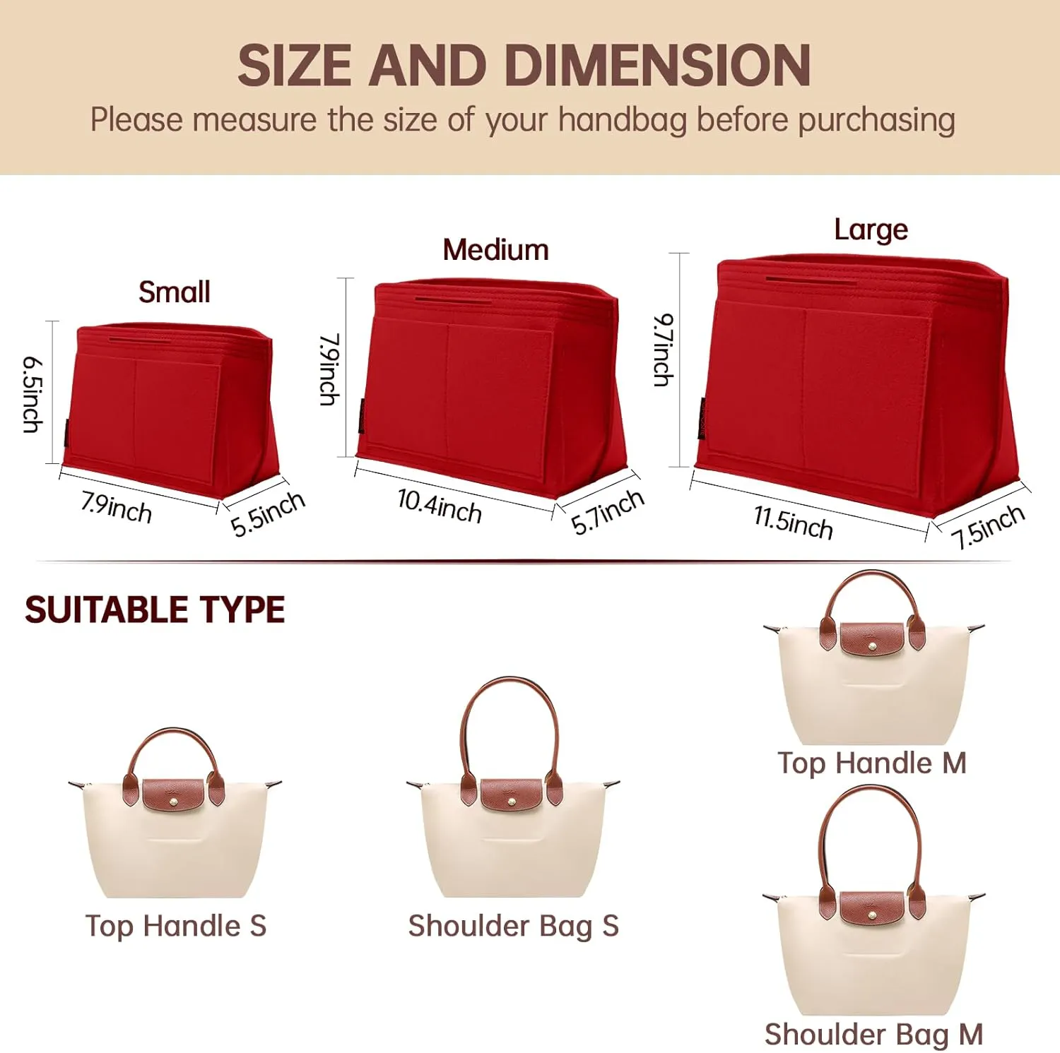 OPPOSHE Purse Organizer Insert for Longchamp Le Pliage, Premium Felt Long Champ Bag Handbag Women, Tote Organizer Insert with 9 Compartments (Small, Red)