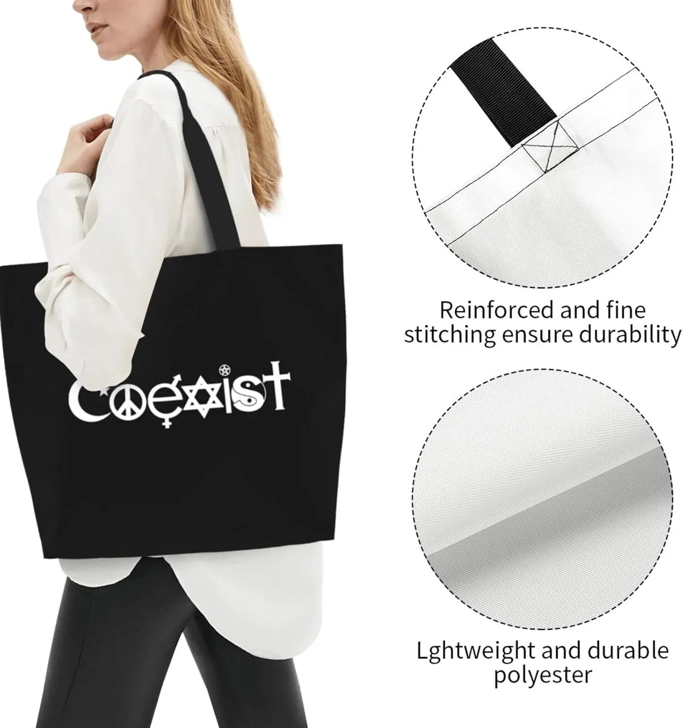 Original Coexist Symbols Women'S Lightweight Canvas Handbag Reusable Shopping Bag